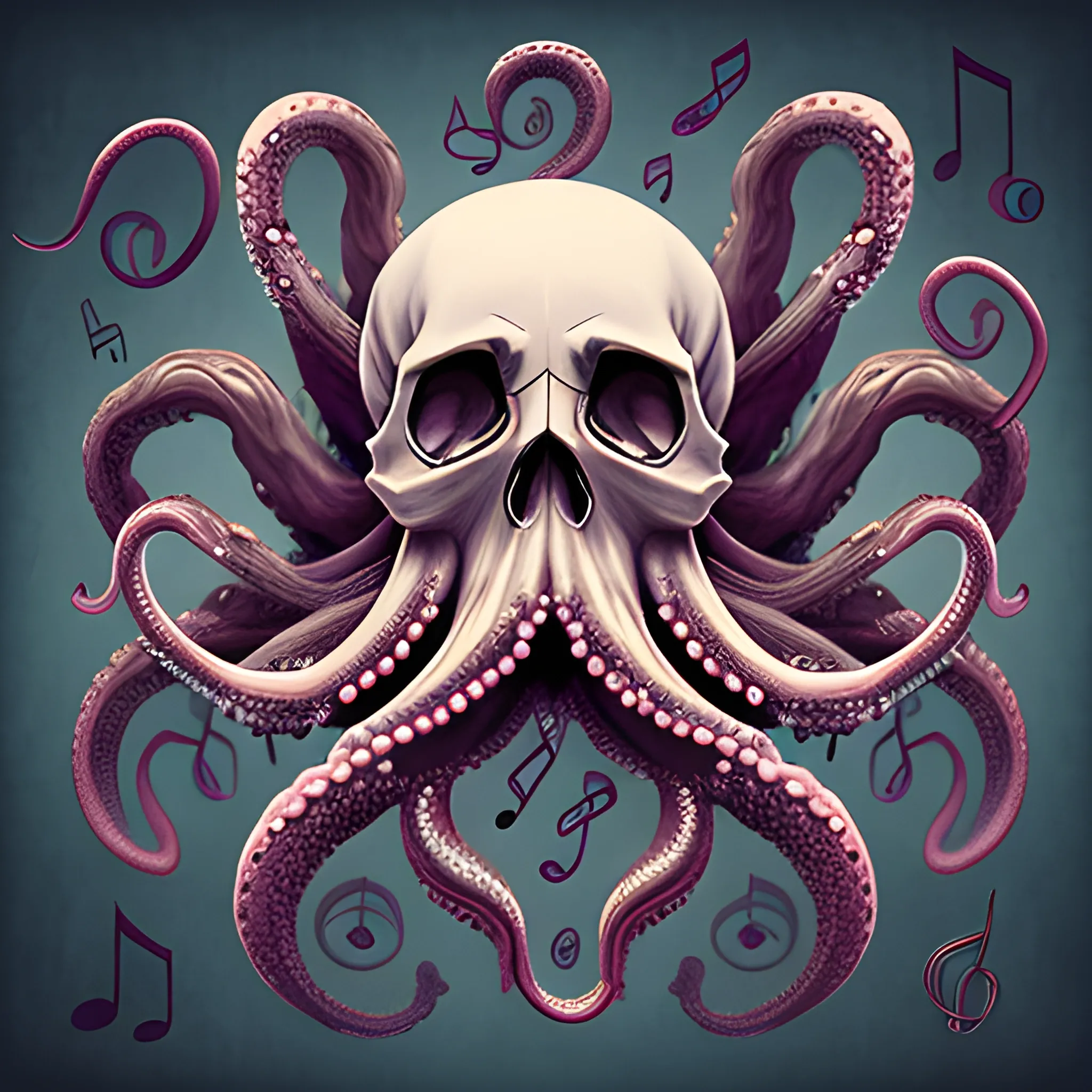 skull octopus with tentacles and music notes, Realistic, Creature Design, Detailed and Intricate