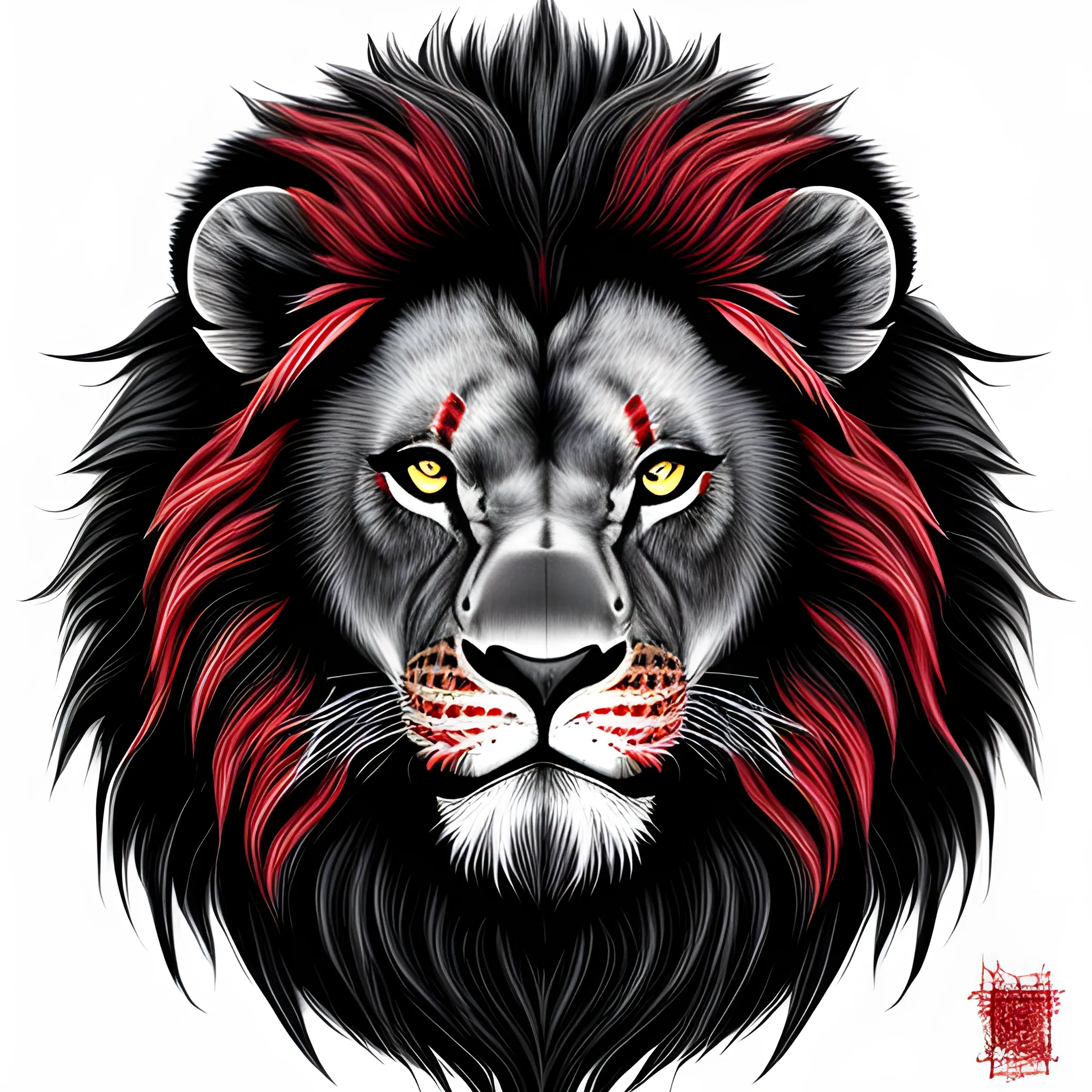 black and red, Angry Lion, Drawing, Extremely detailed, line art, shaded, realistic