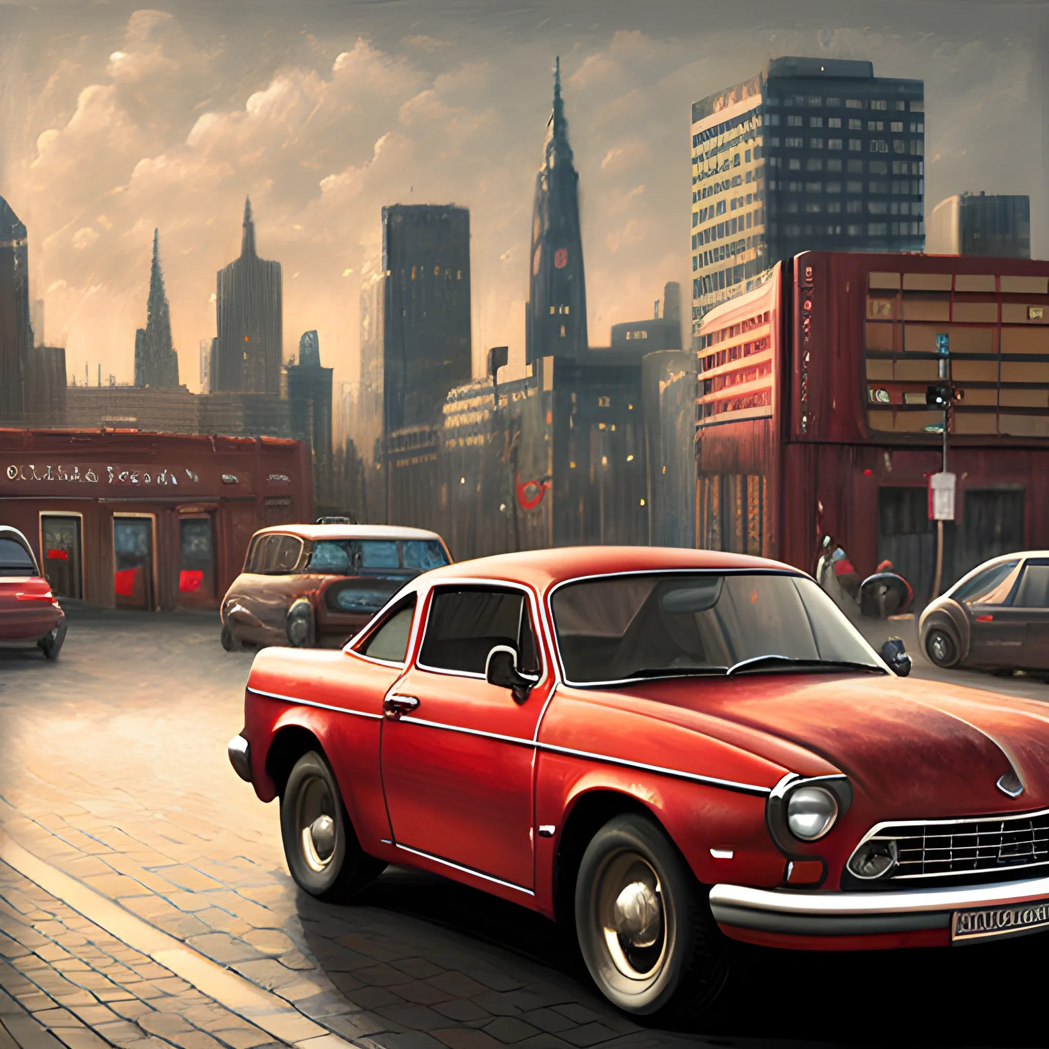 "Create a realistic close-up painting of a red car with the words 'Been here' engraved on it, set against a blurred urban backdrop, with natural lighting that highlights the curves and details of the vehicle."