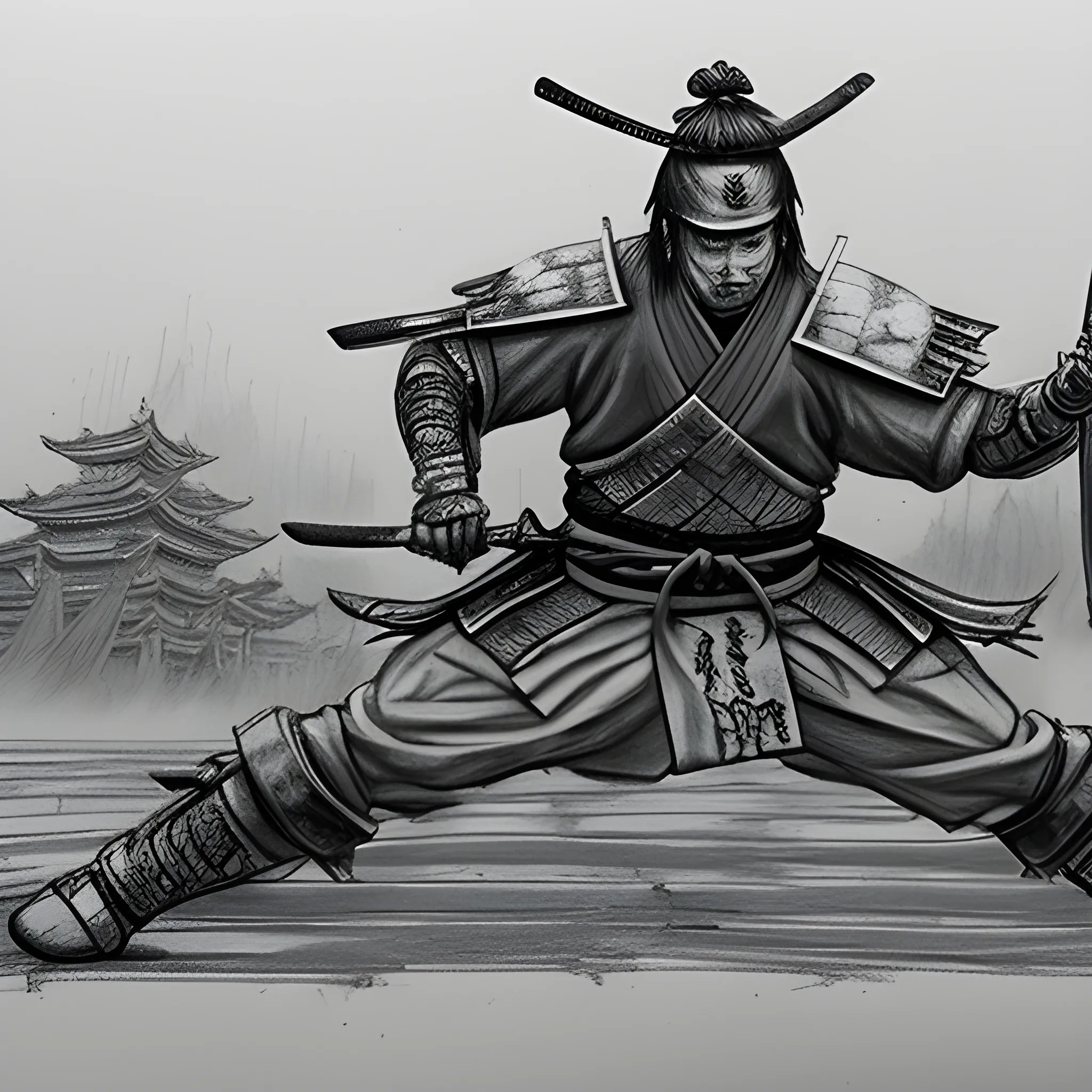 pencil sketch of a samurai fighting a ninja, brutal detailed battle with spilled blood all over the ground with a emperor compound in the background on a gloomy day