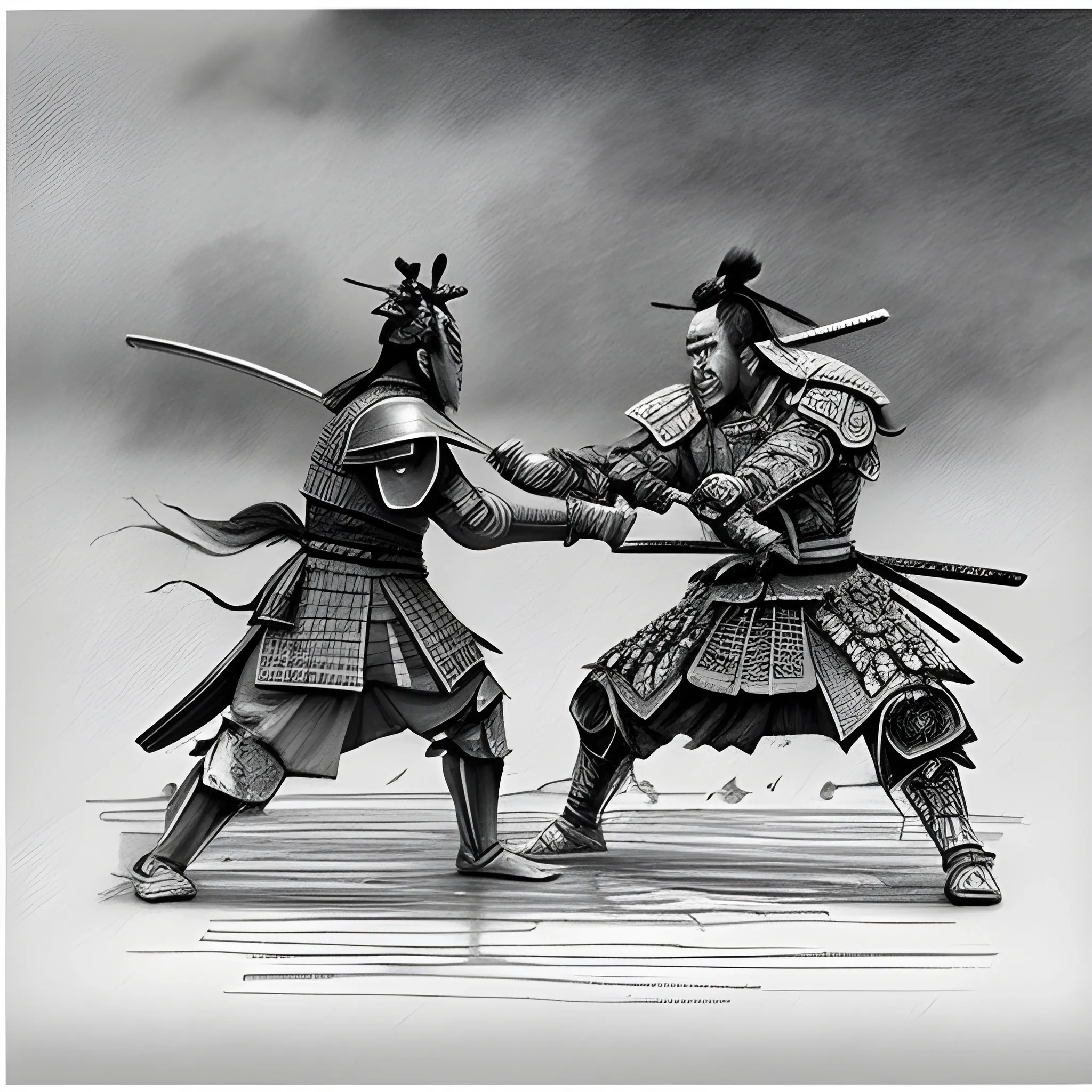 pencil sketch of a samurai and a warrior fighting, brutal detailed battle with spilled blood all over the ground with a emperor compound in the background on a gloomy day