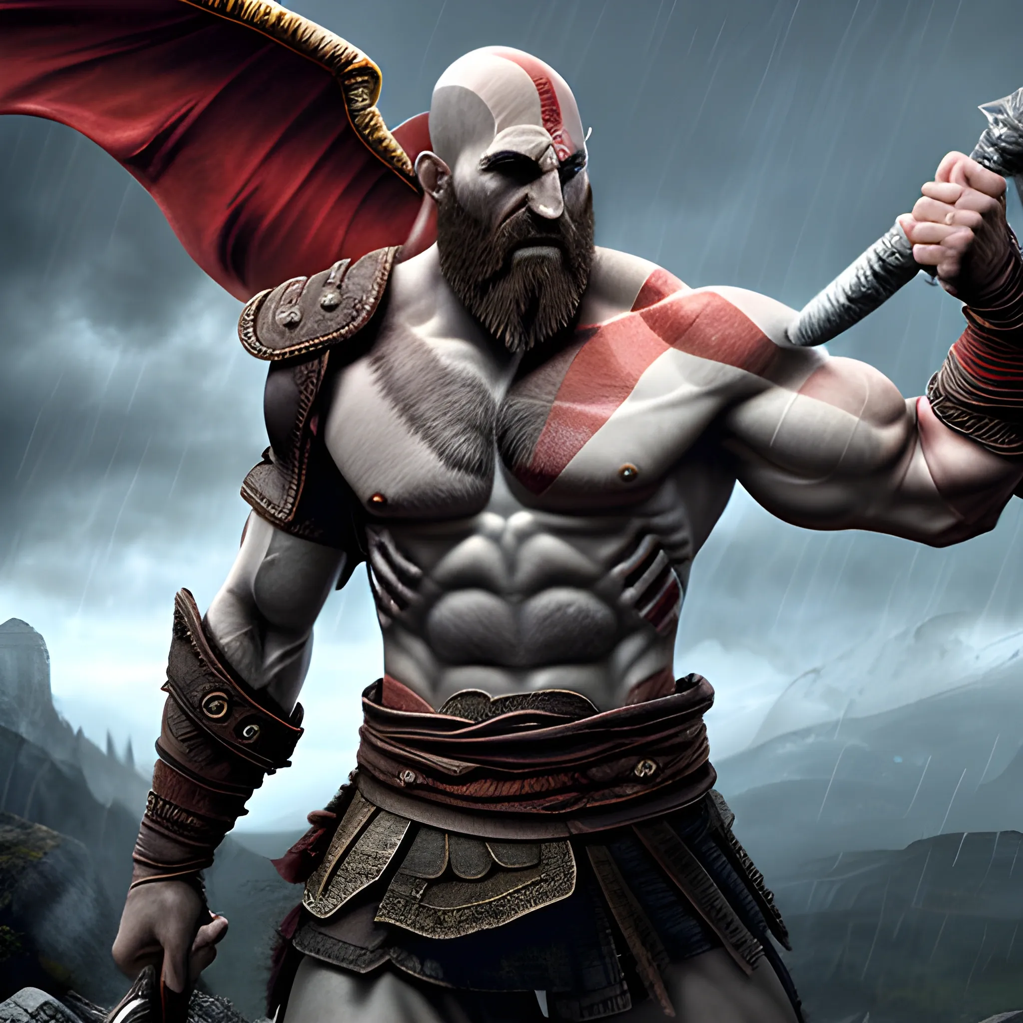 god of war kratos fighting Aries the god of thunder and lighting in a rain storm on mount Olympus 
