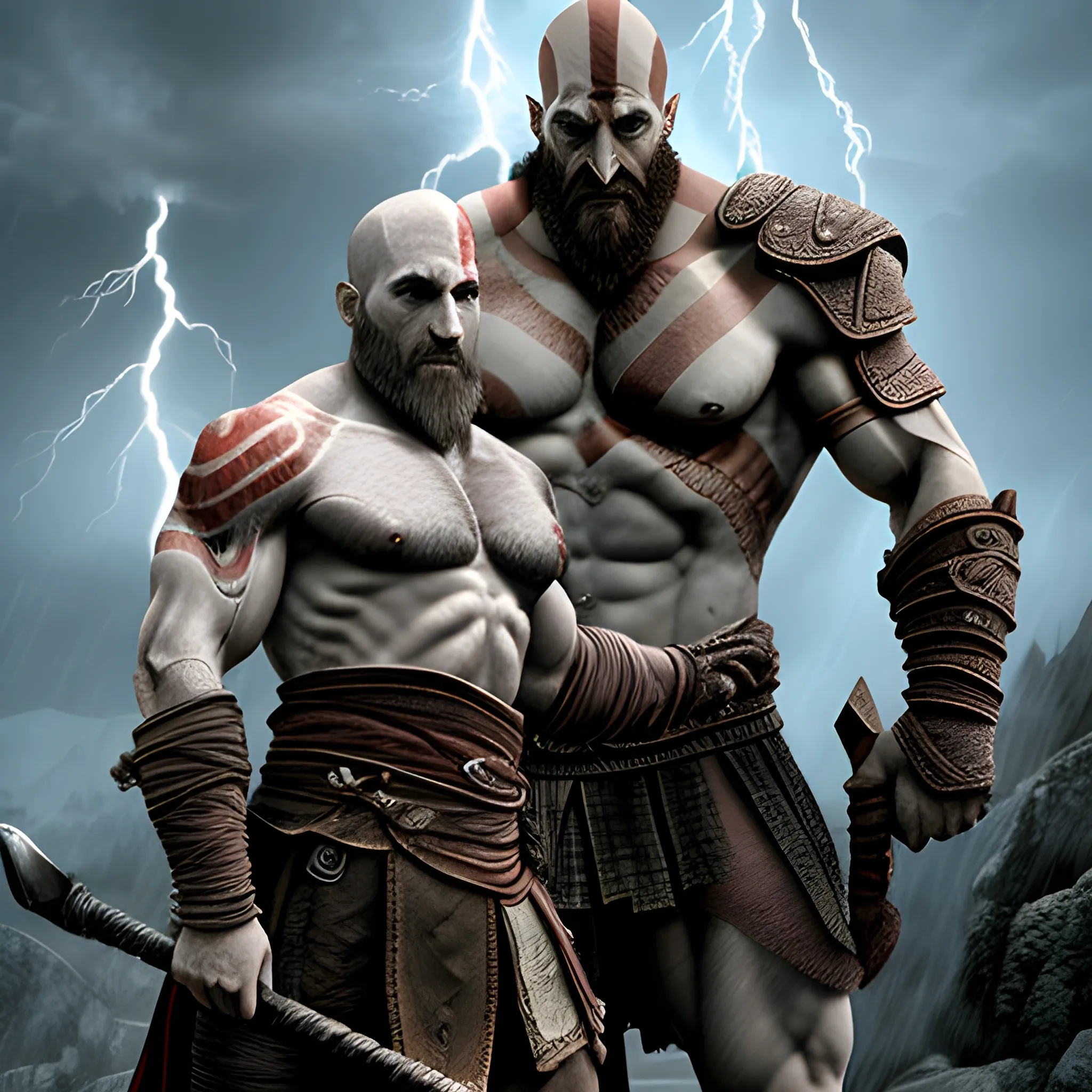 god of war kratos fighting Aries the god of thunder and lighting in a rain storm on mount Olympus 
