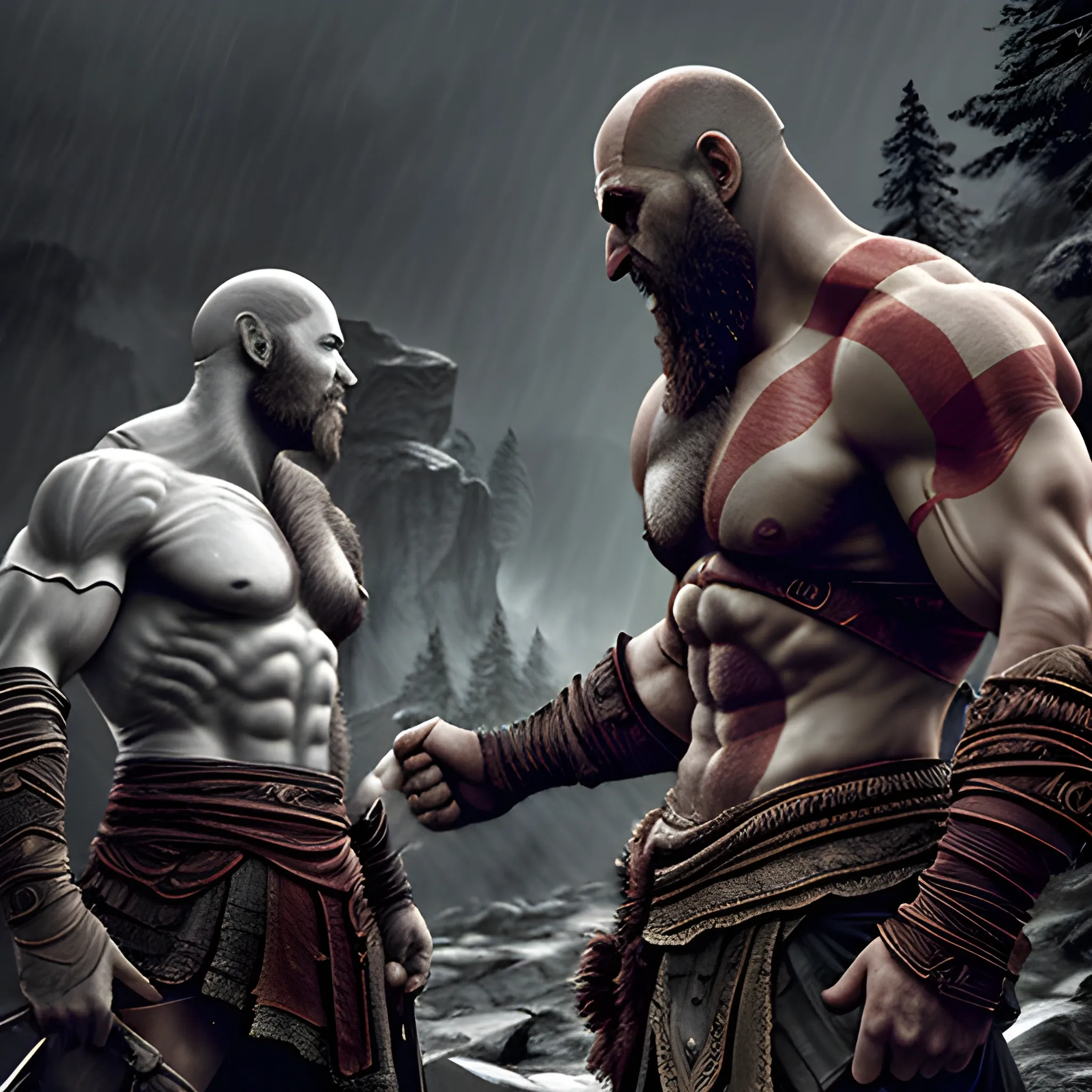 god of war kratos fighting Aries  in a rain storm on mount Olympus 
