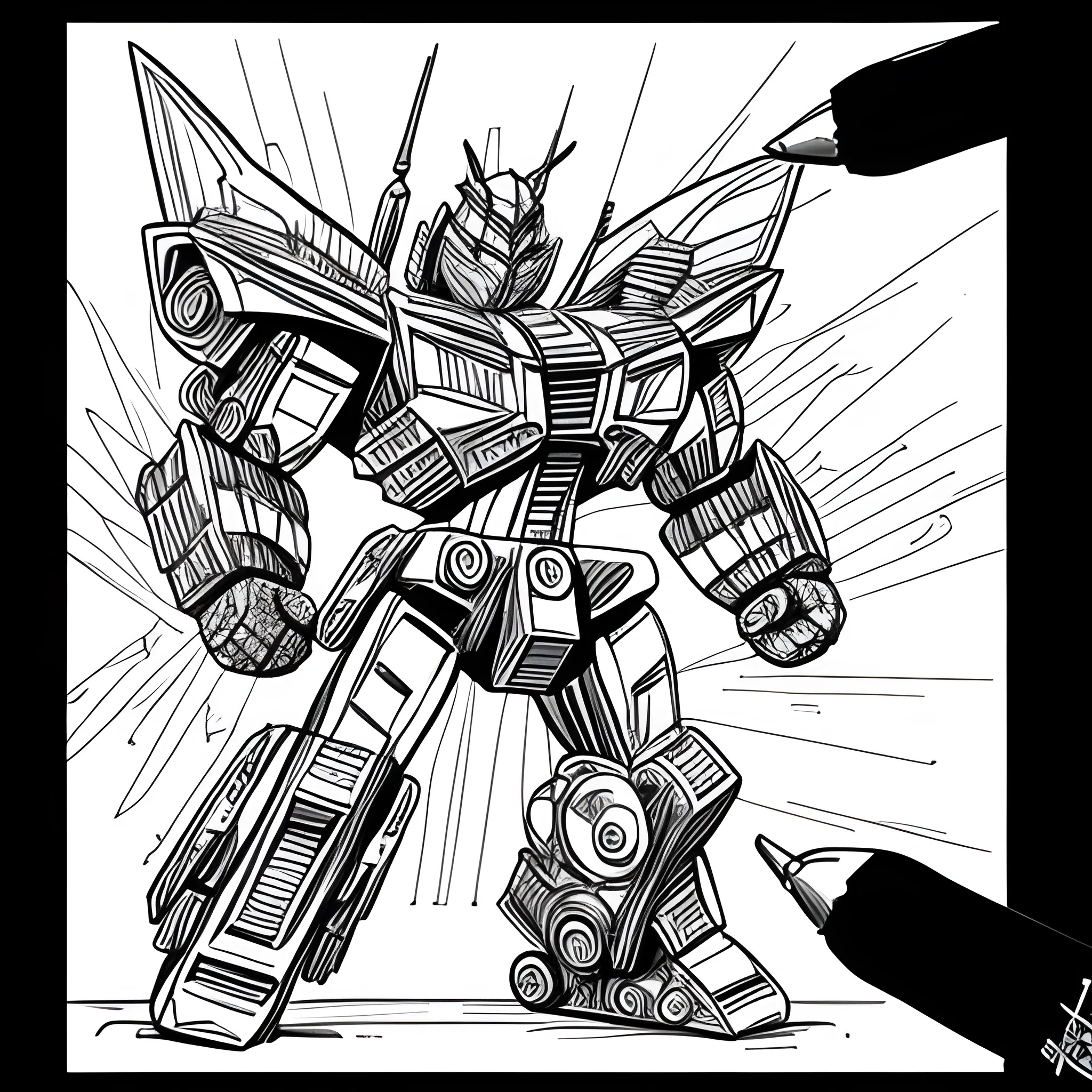 transformers bumblebee in battle mode, Line sketch
