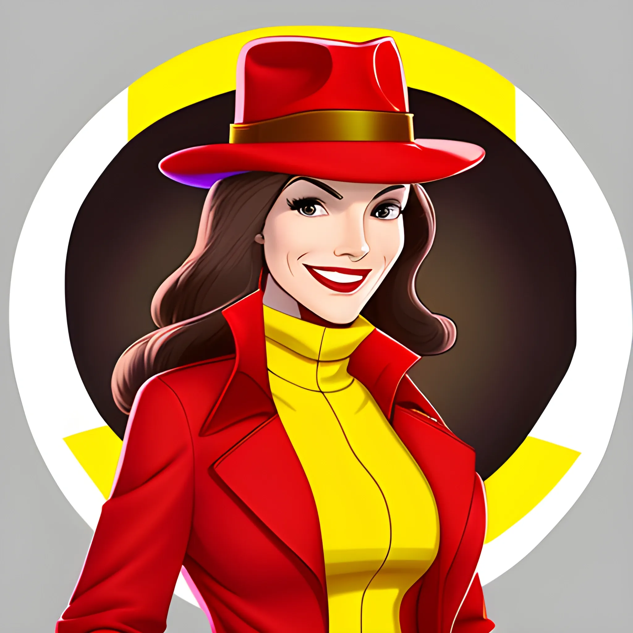 A side of Carmen Sandiego with brown longer brunette hair in a red trenchcoat, yellow turtleneck, red and yellow fedora visible, black gloves; white background; smile; cartoon art; side view, Cartoon