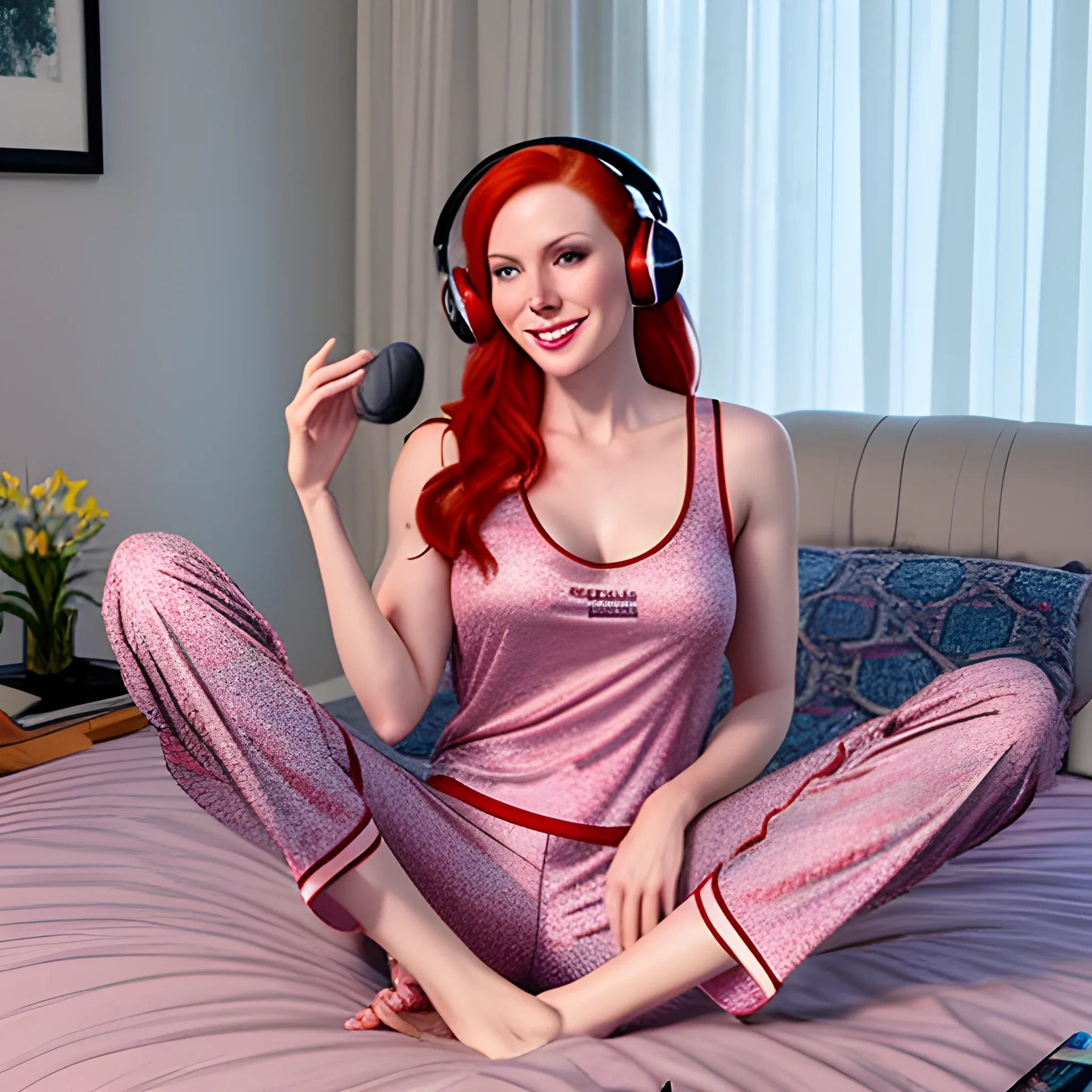 Beautiful redhead girl, sitting barefoot on bed, legs crossed, wearing pajama pants and singlet, listening to music through headphones.