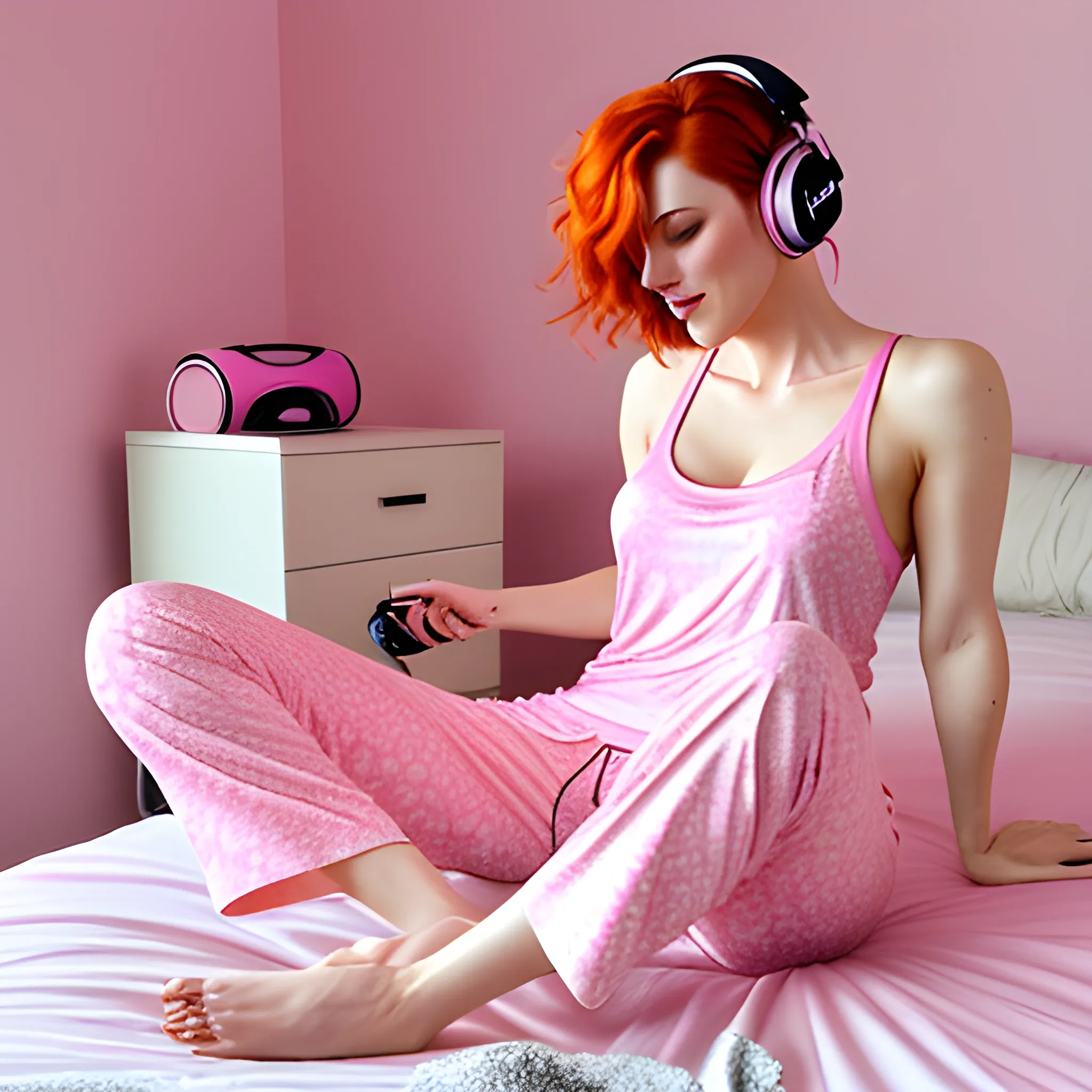 Beautiful short ginger hair young woman, barefoot, sitting on bed, wearing pink pajama pants and a pink singlet, listening to music through headphones.