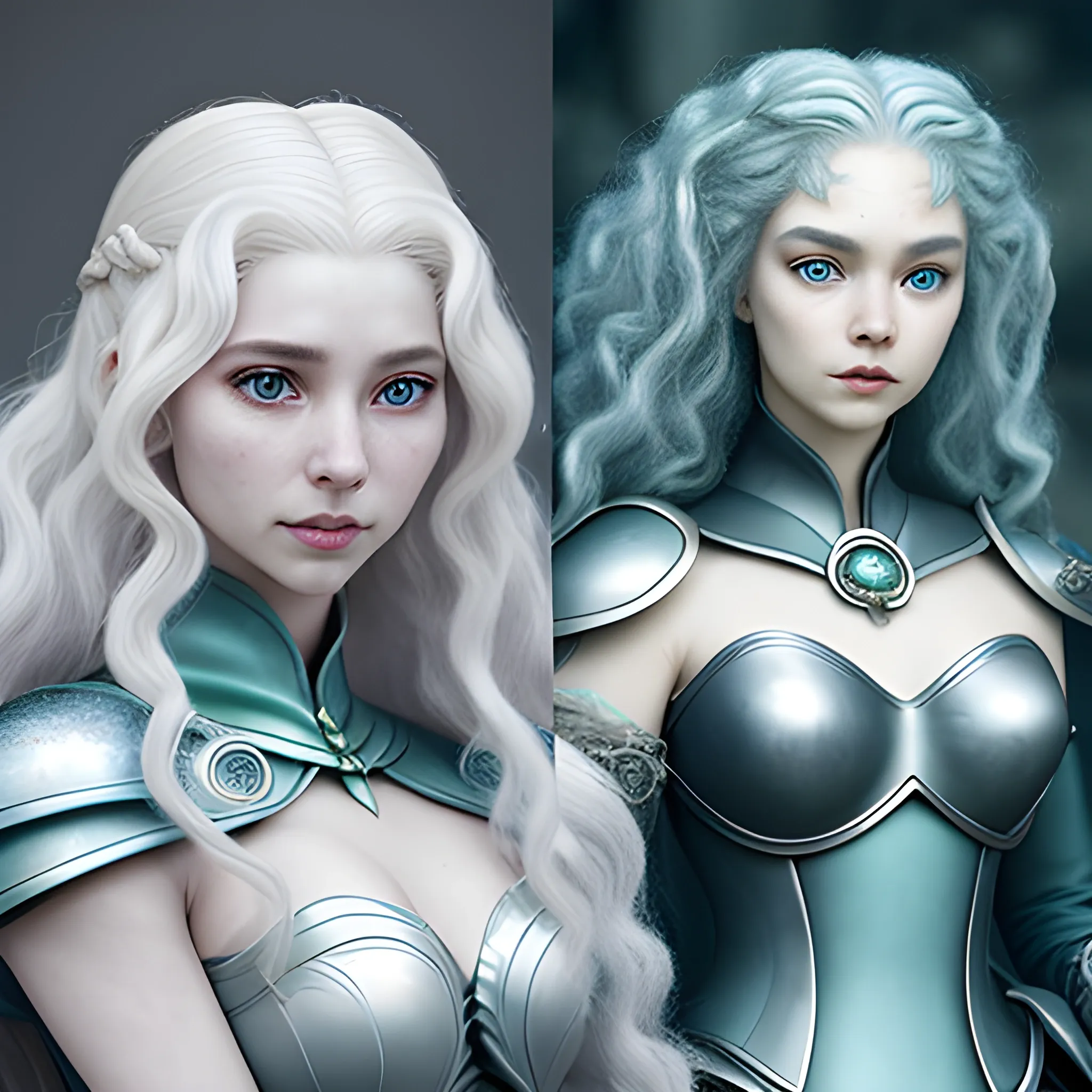 Shiera Seastar, Shiera Targaryen, a great beauty and seductress, heart-shaped face, pale fair skin, and curly and very long Targaryen silver hair, two mismatched eyes — one dark blue, the other bright green, real life character, 3D