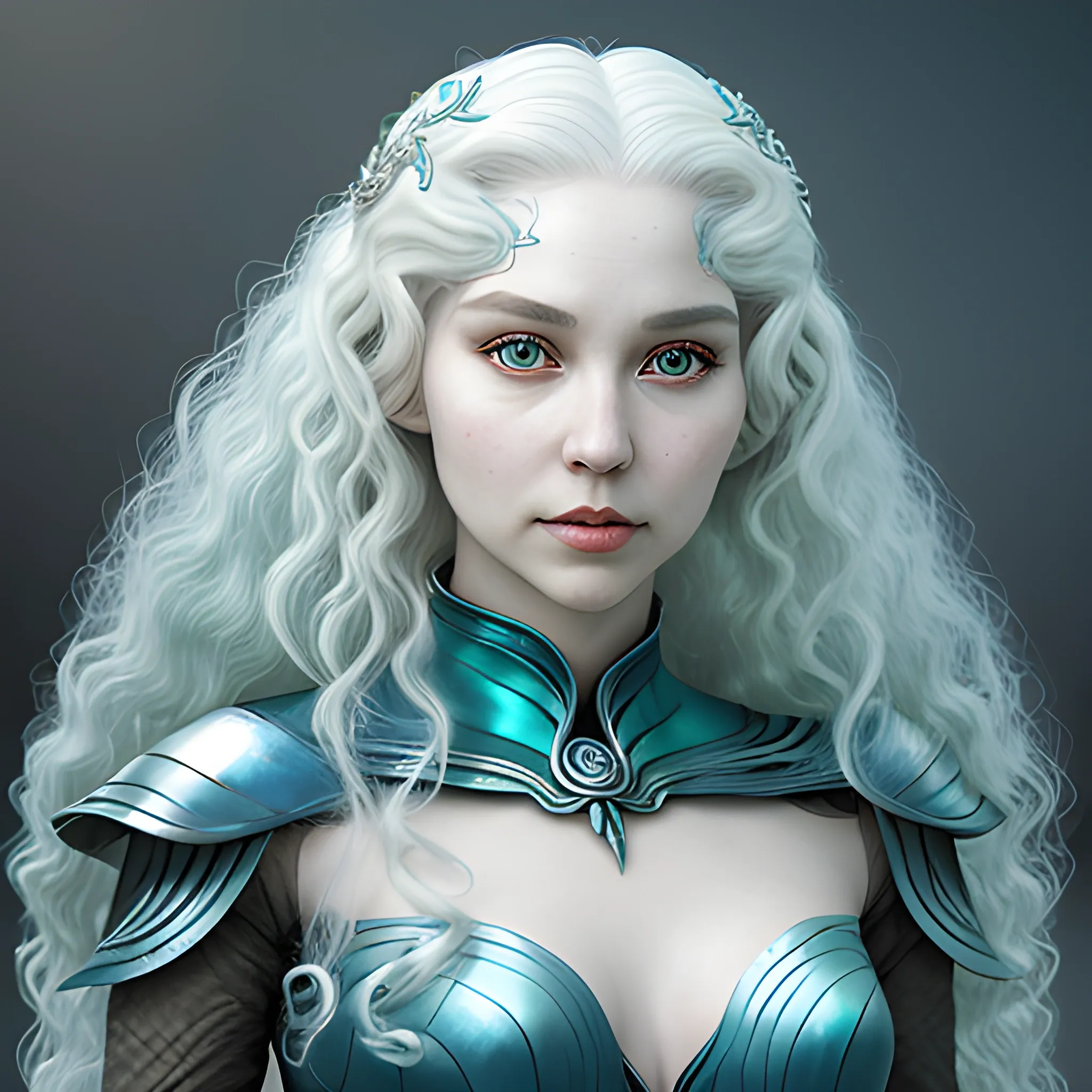 Shiera Seastar, Shiera Targaryen, a great beauty and seductress, heart-shaped face, pale fair skin, and curly and very long Targaryen silver hair, two mismatched eyes — one dark blue, the other bright green, real life character, 3D, Oil Painting