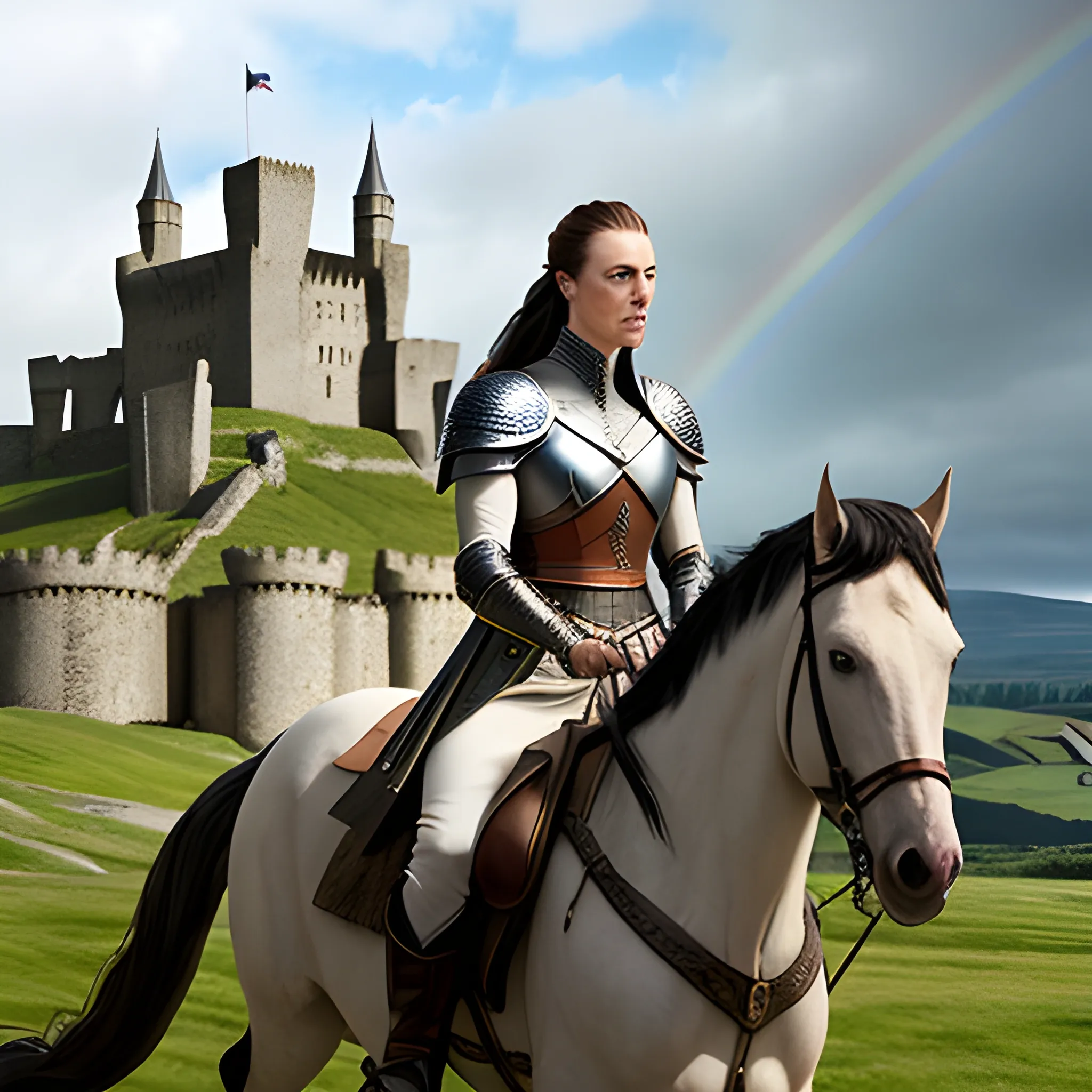 Create a realistic image in the style of the Last Kingdom series. A young woman detailed face, on a piebald horse gallops along a cliff, long hair flowing, costume from the period of the Kingdom of Wessex, 9th century AD. In the background you can see a wooden stronghold with a watchtower. Behind the woman, a cavalcade of horsemen, a cloudy day, a rainbow visible over the stronghold