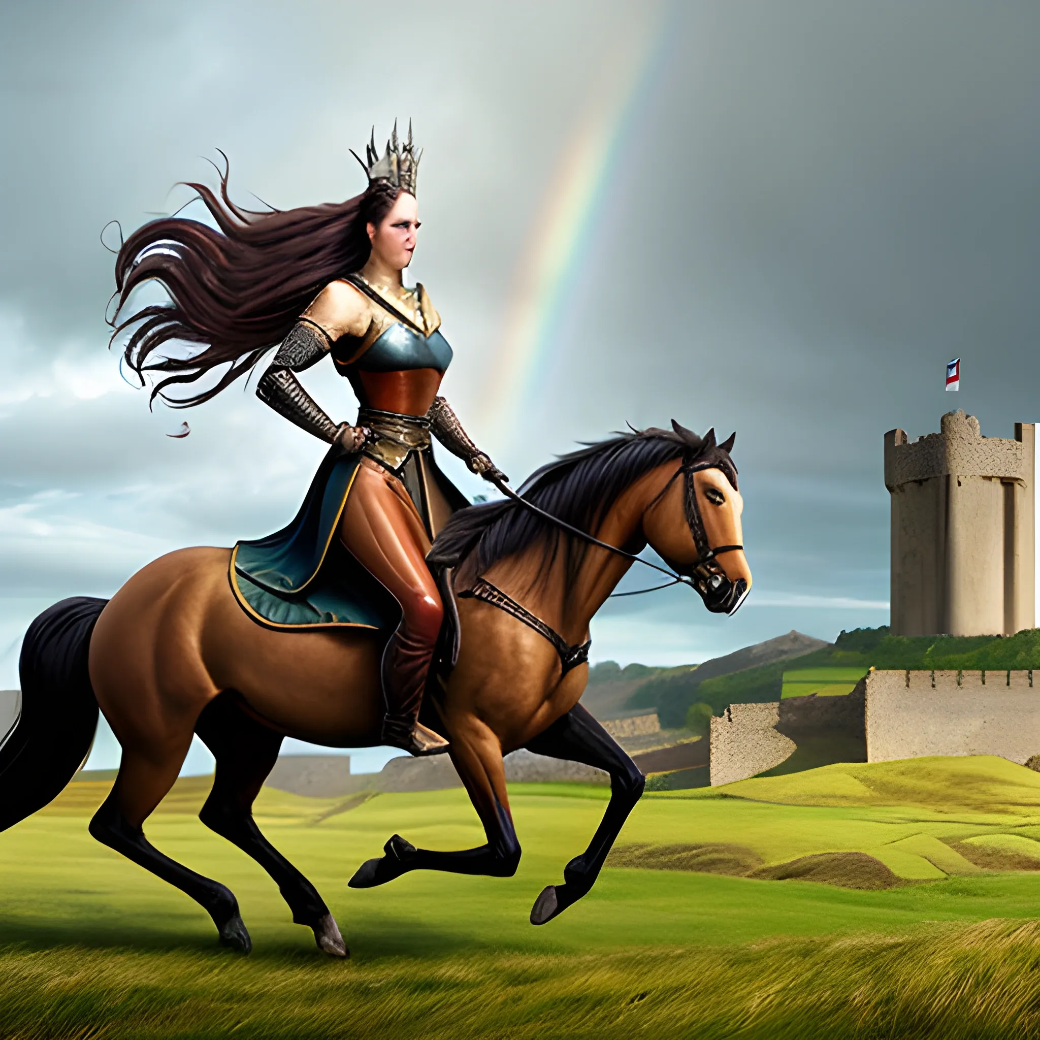 Create a realistic image in the style of the Last Kingdom series. A young woman detailed face, on a piebald horse gallops along a cliff, long hair flowing, costume from the period of the Kingdom of Wessex, 9th century AD. In the background you can see a wooden stronghold with a watchtower. Behind the woman, a cavalcade of horsemen, a cloudy day, a rainbow visible over the stronghold, Trippy