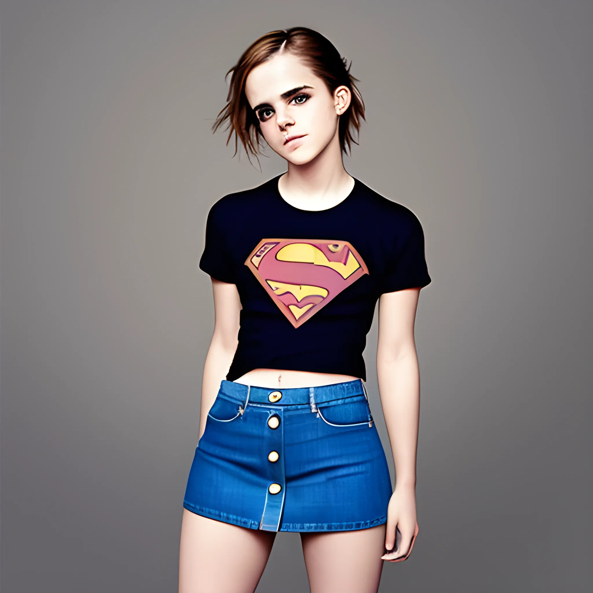 Emma Watson, t-shirt, super mini skirt, full view