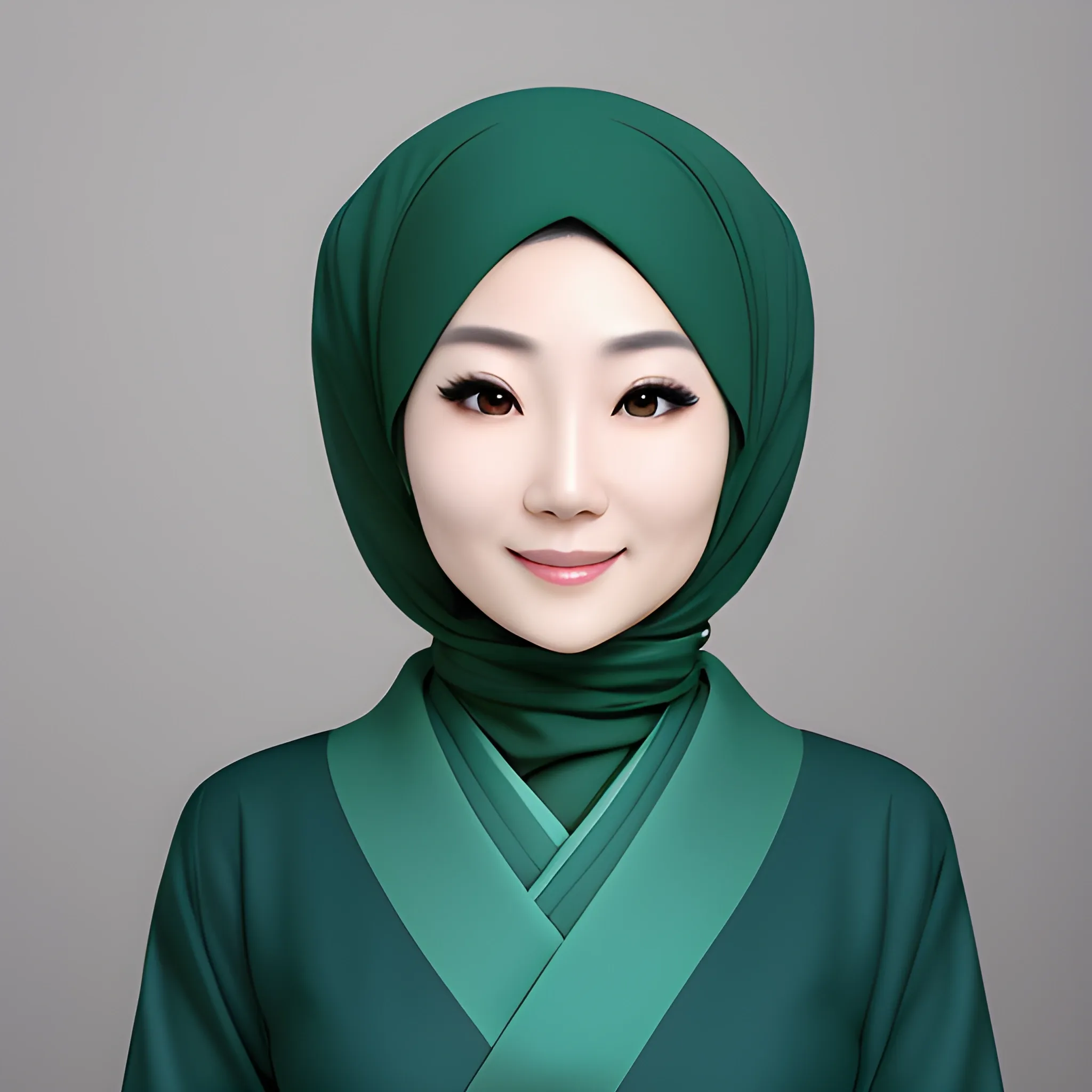 japanese women artist, elegant, happy, face detail, sharp nose, black eyes, wearing a blue hijab, green shirt, formal, her eyes looking at camera, 4k