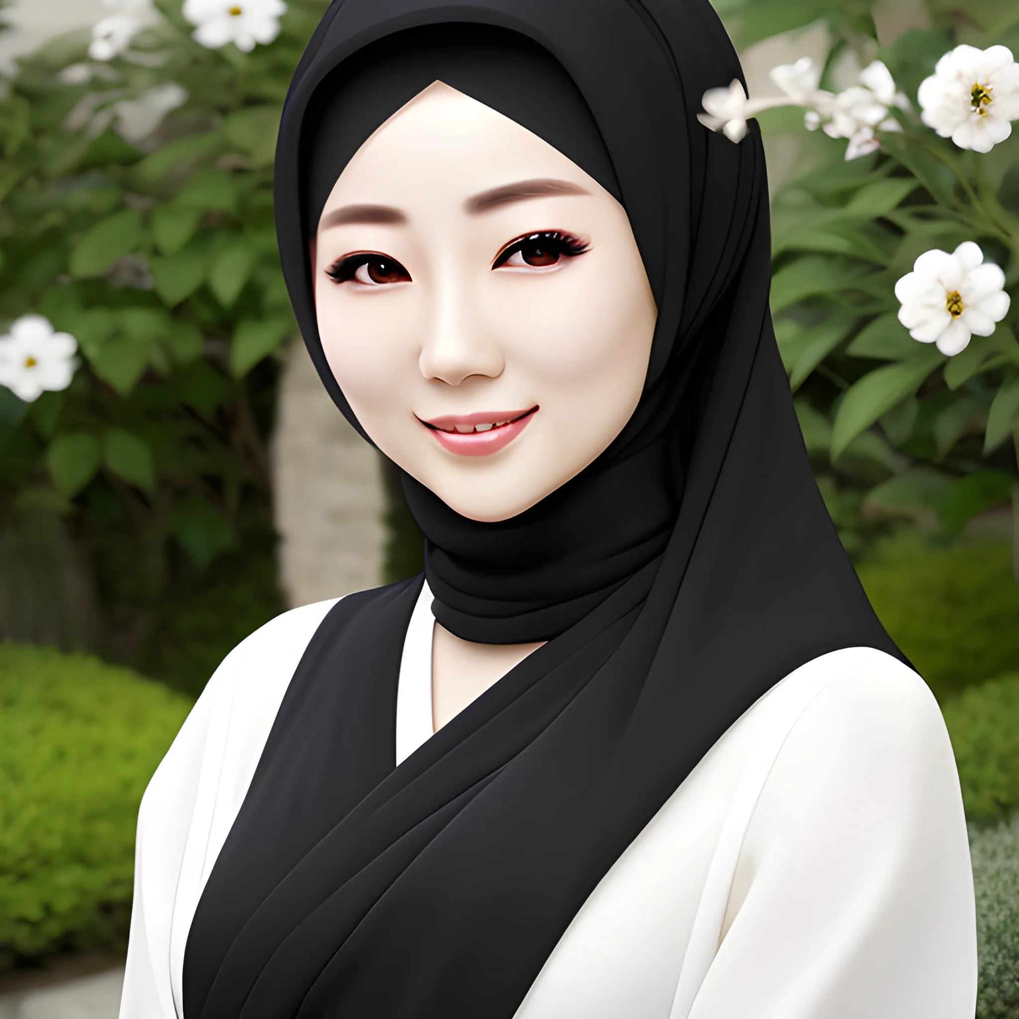 japanese women artist, elegant, happy, face detail, sharp nose, black eyes, wearing a black hijab, white blouse, casual, in the garden, her eyes looking at camera, 4k