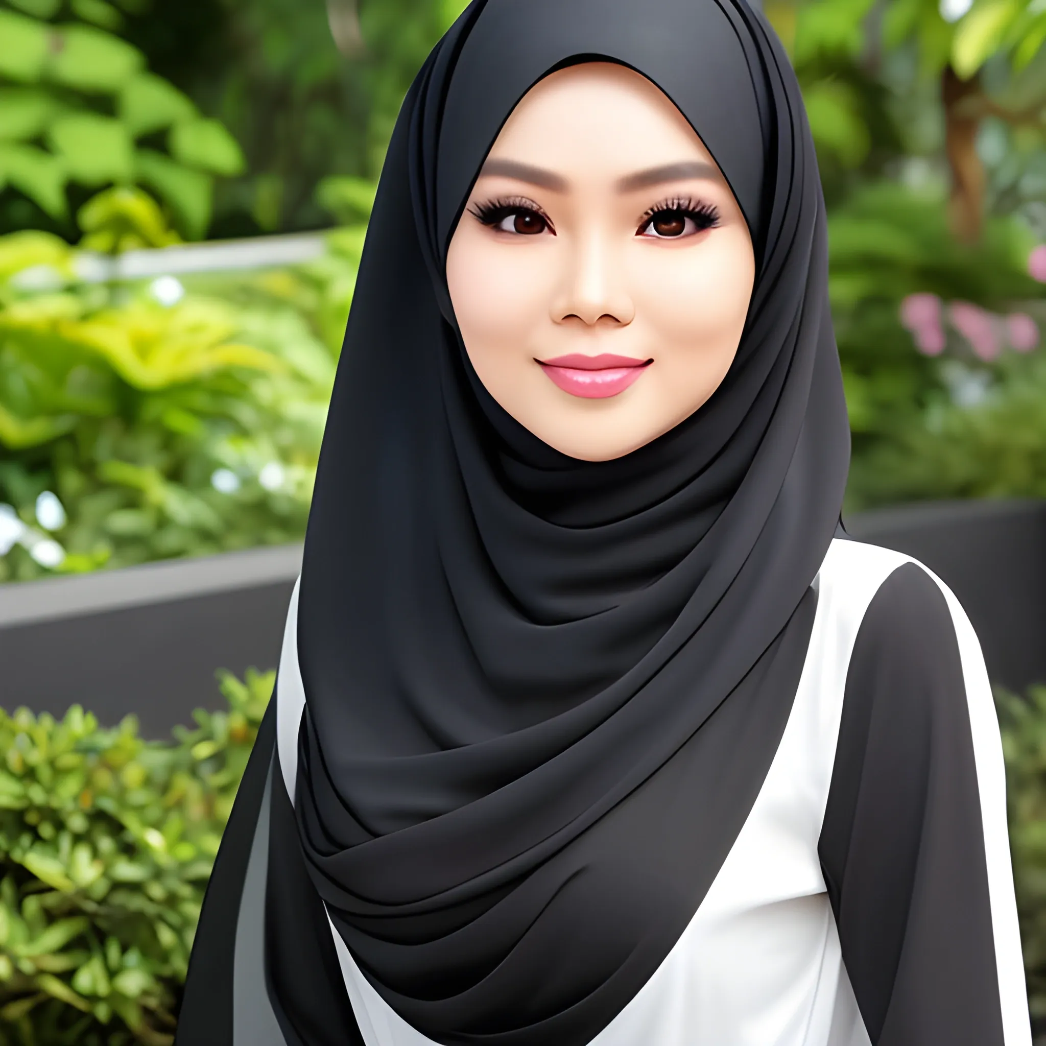 pretty women indonesian, elegant, happy, face detail, sharp nose, black eyes, wearing a black hijab, white blouse, casual, in the garden, her eyes looking at camera, 4k