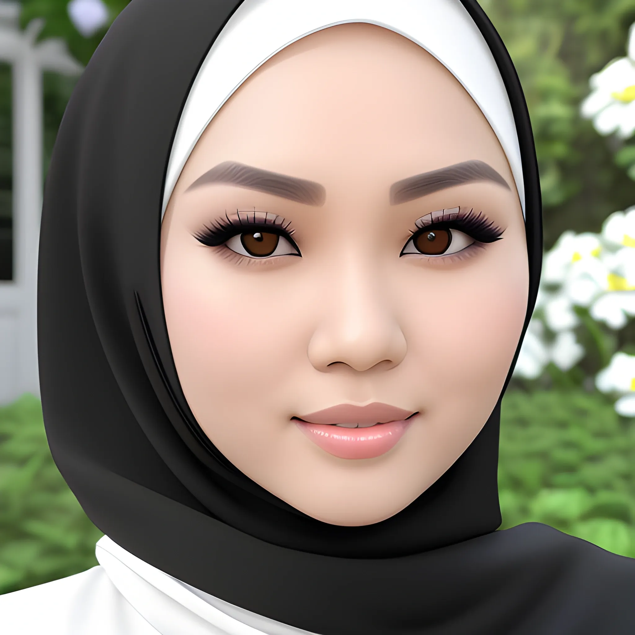 pretty women indonesian, elegant, happy, face detail, sharp nose, black eyes, wearing a black hijab, white blouse, casual, in the garden, her eyes looking at camera, 4k, 3D