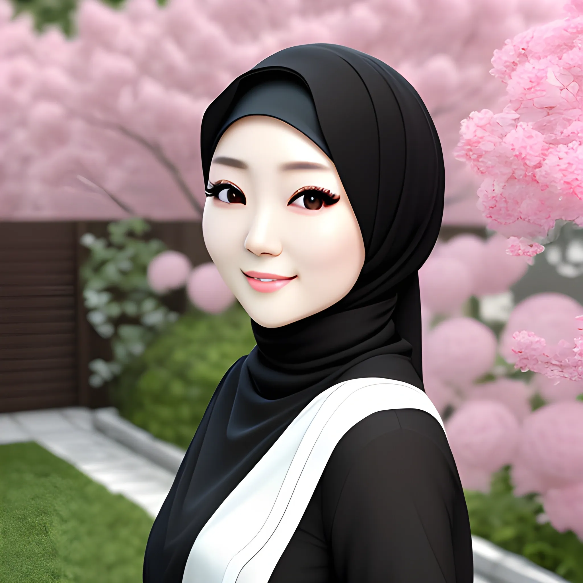 pretty women japanese, elegant, happy, face detail, sharp nose, black eyes, wearing a black hijab, white blouse, casual, in the garden, her eyes looking at camera, 4k, 3D