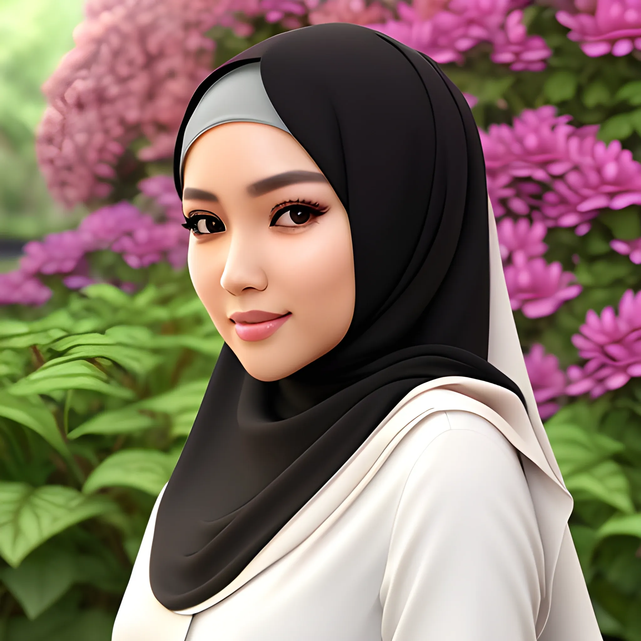 pretty women indonesian, elegant, happy, face detail, sharp nose, black eyes, wearing a brown hijab, white blouse, casual, in the garden, her eyes looking at camera, 4k, 3D