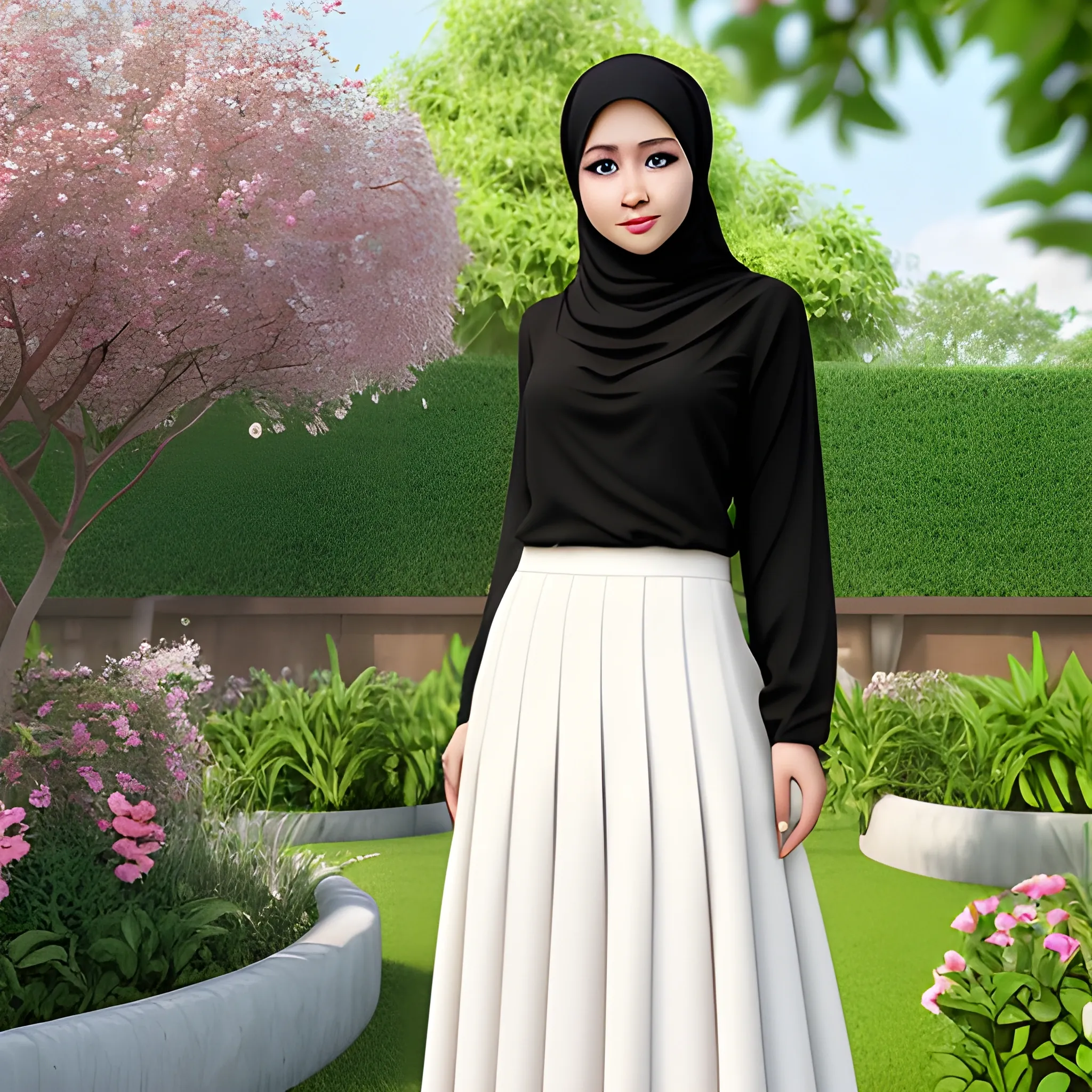 pretty women indonesian, elegant, happy, full body detail, sharp nose, black eyes, brown hijab, white blouse casual, black long skirt, in the garden, her eyes looking at camera, 4k, 3D