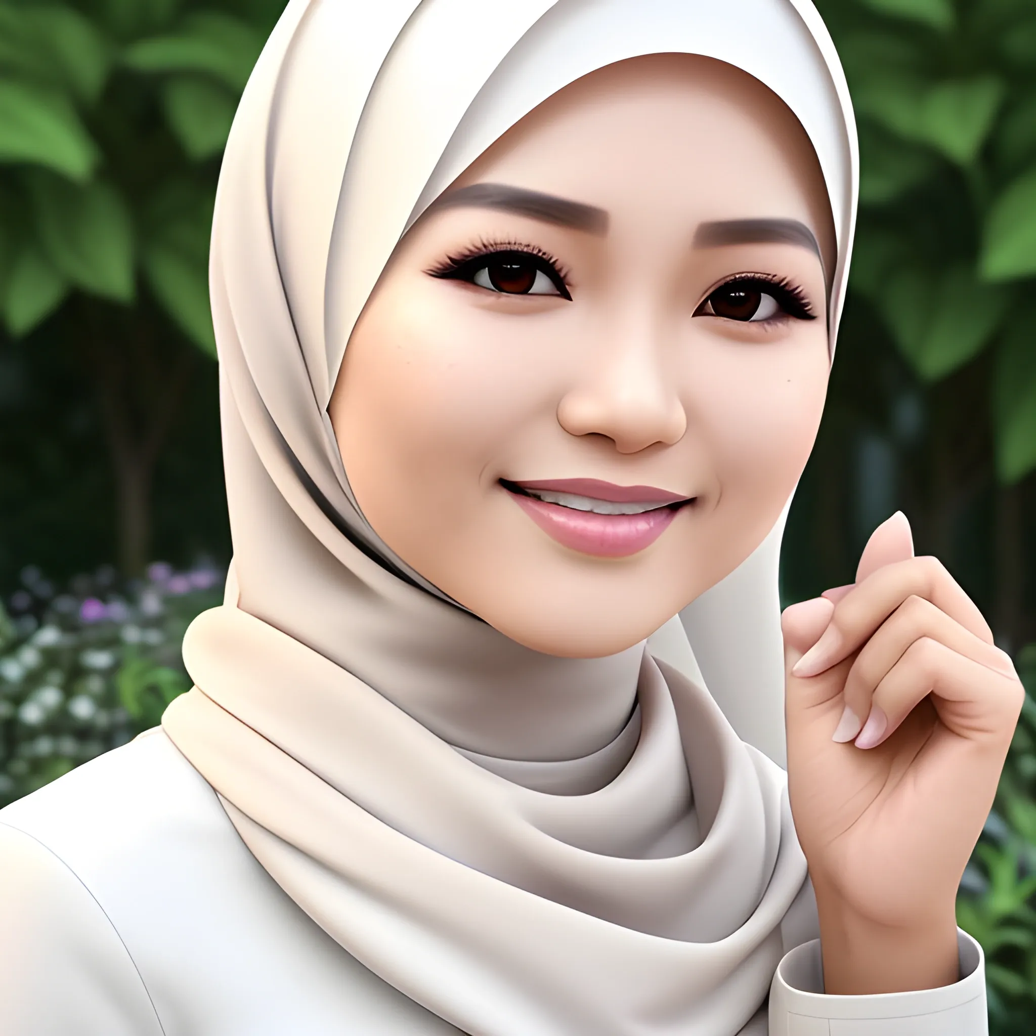 pretty women indonesian, elegant, happy, face detail, sharp nose, black eyes, smile, brown hijab, white blouse casual, in the garden, her eyes looking at camera, 4k, 3D