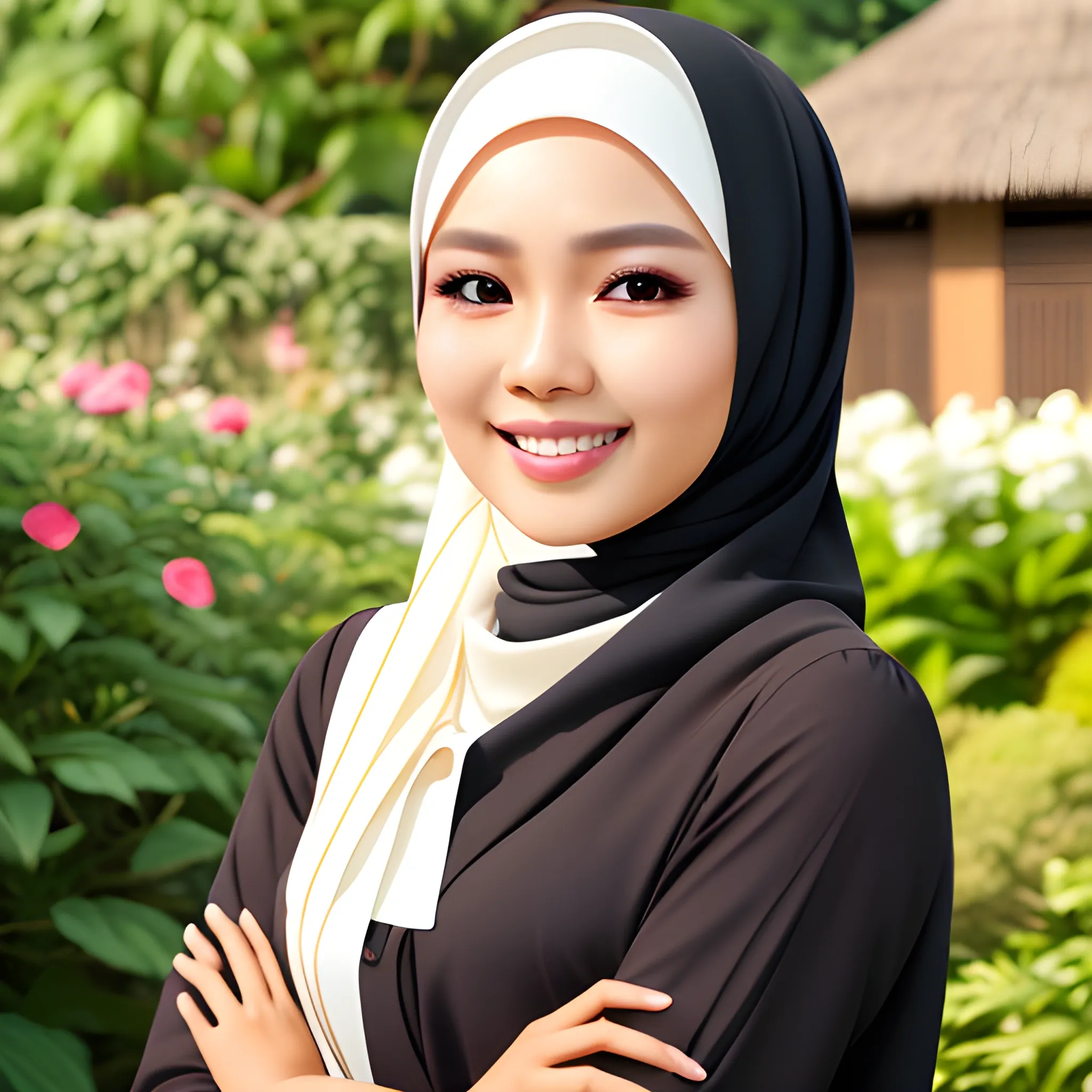 pretty women indonesian, elegant, happy, face detail, sharp nose, black eyes, smile, brown hijab, white blouse casual, in the garden, her eyes looking at camera, 4k