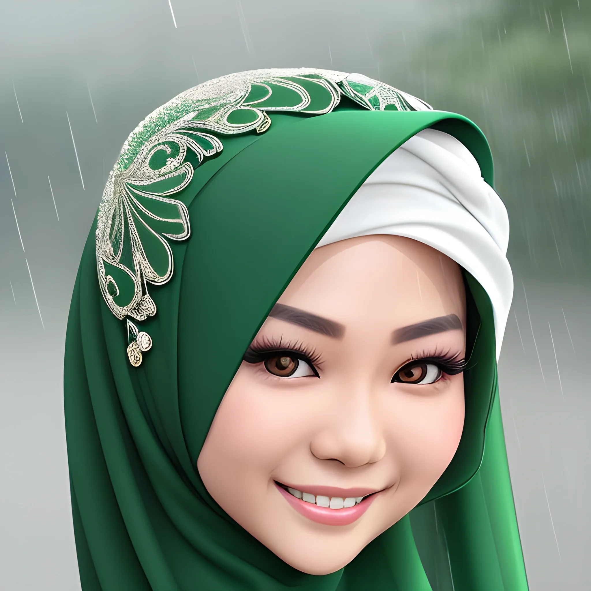 pretty women indonesian, elegant, happy, face detail, sharp nose, black eyes, smile, green hijab veil, white dress casual, rain, her eyes looking at camera, 4k