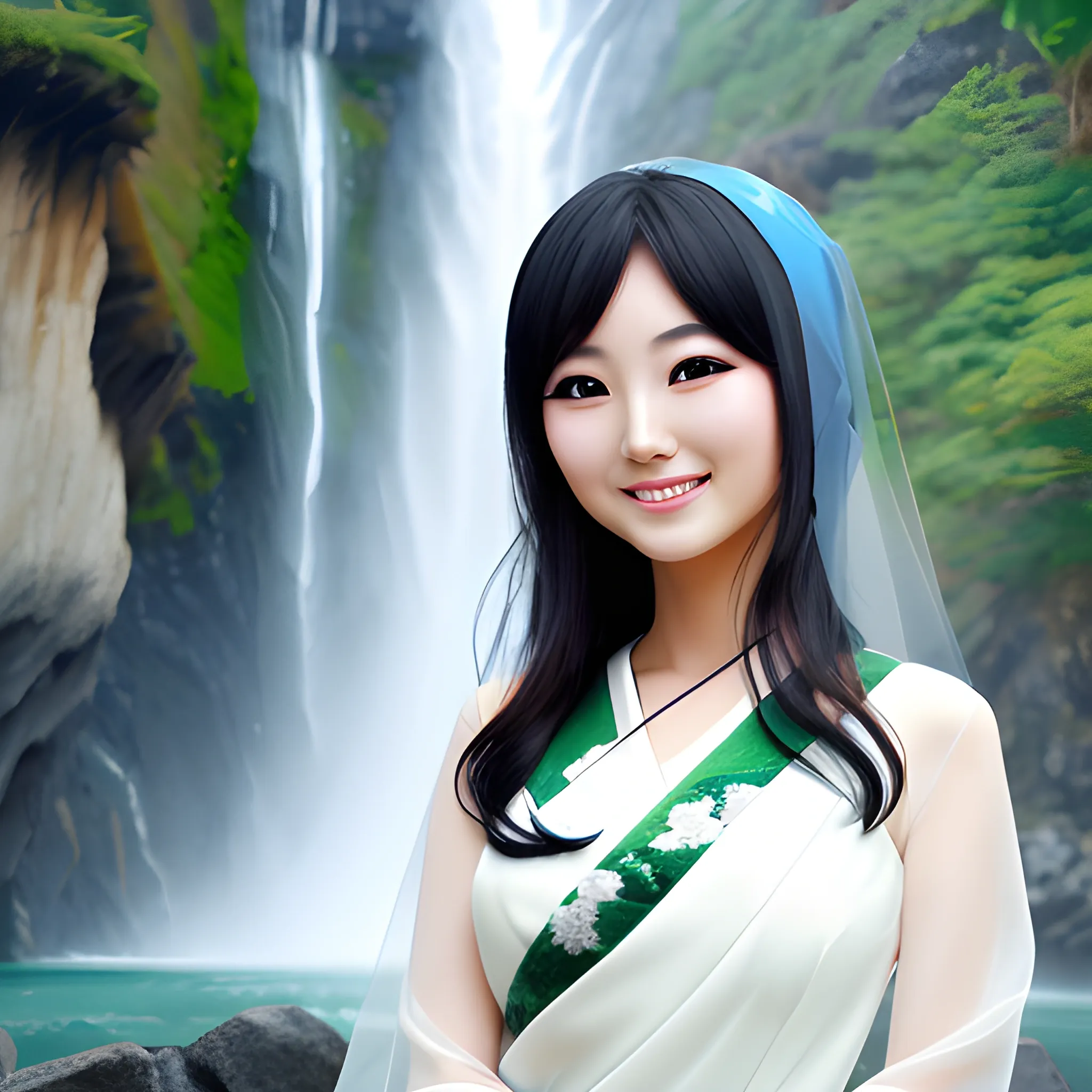 pretty women japanese, elegant, happy, face detail, sharp nose, black eyes, smile, white green veil, blue dress casual, in front of the waterfall, her eyes looking at camera, 4k