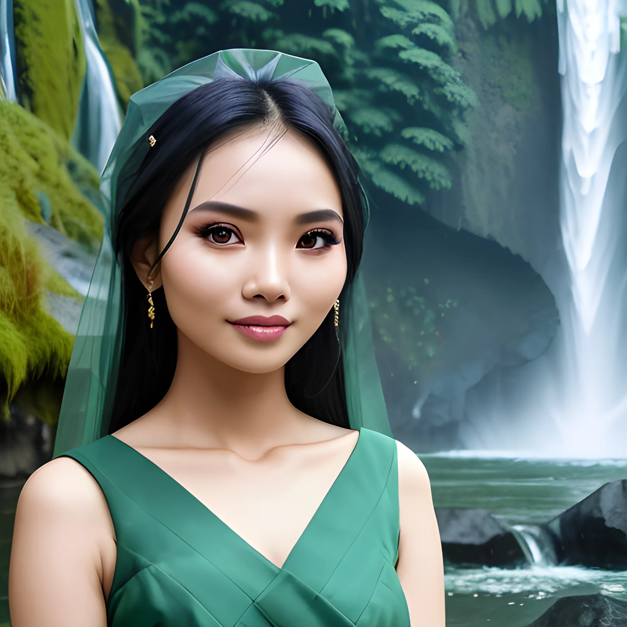 pretty women indonesian, elegant, happy, face detail, sharp nose, black eyes, veil green, dress blue casual, in front of the waterfall, her eyes looking at camera, 4k