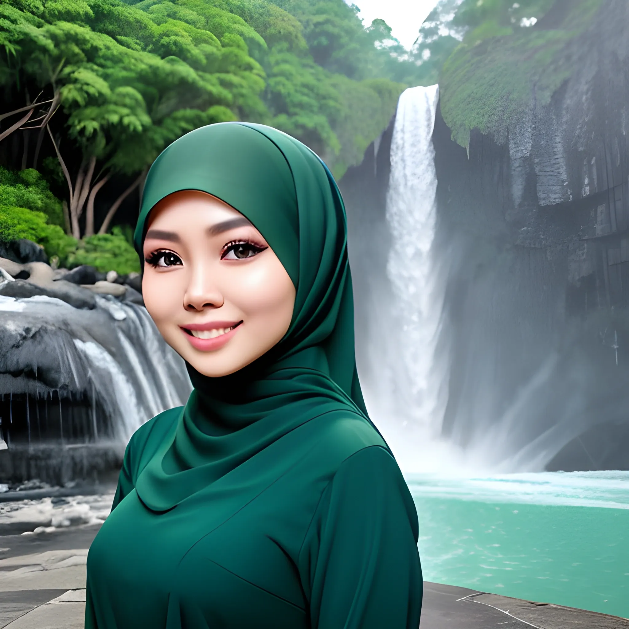 pretty women indonesian, elegant, happy, face detail, sharp nose, black eyes, muslim hijab green, long sleeves dress blue casual, in front of the waterfall, her eyes looking at camera, 4k