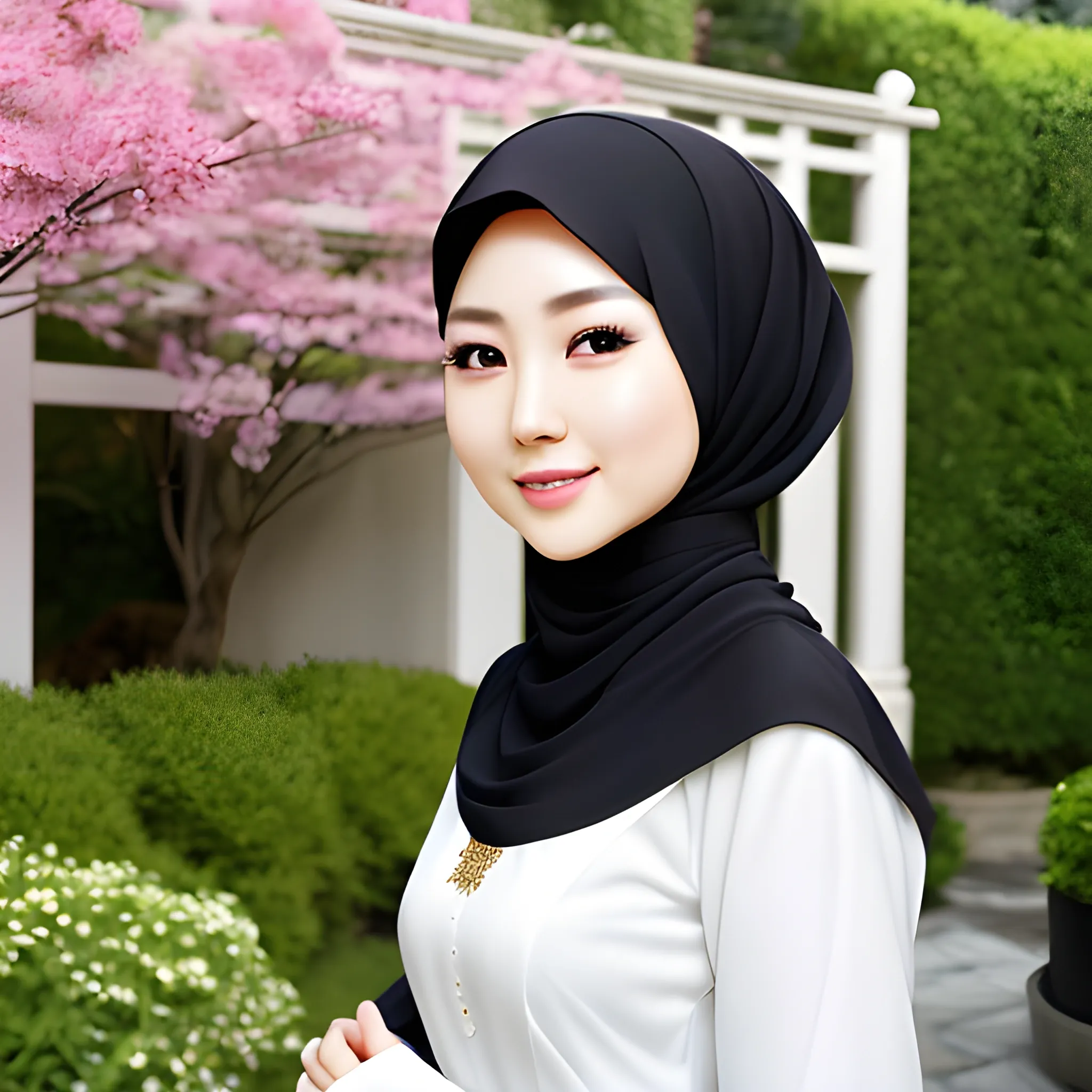 pretty women japanese artist, elegant, happy, face detail, sharp nose, black eyes, black muslim hijab, long sleeves white dress casual, in front of the garden, her eyes looking at camera, 4k
