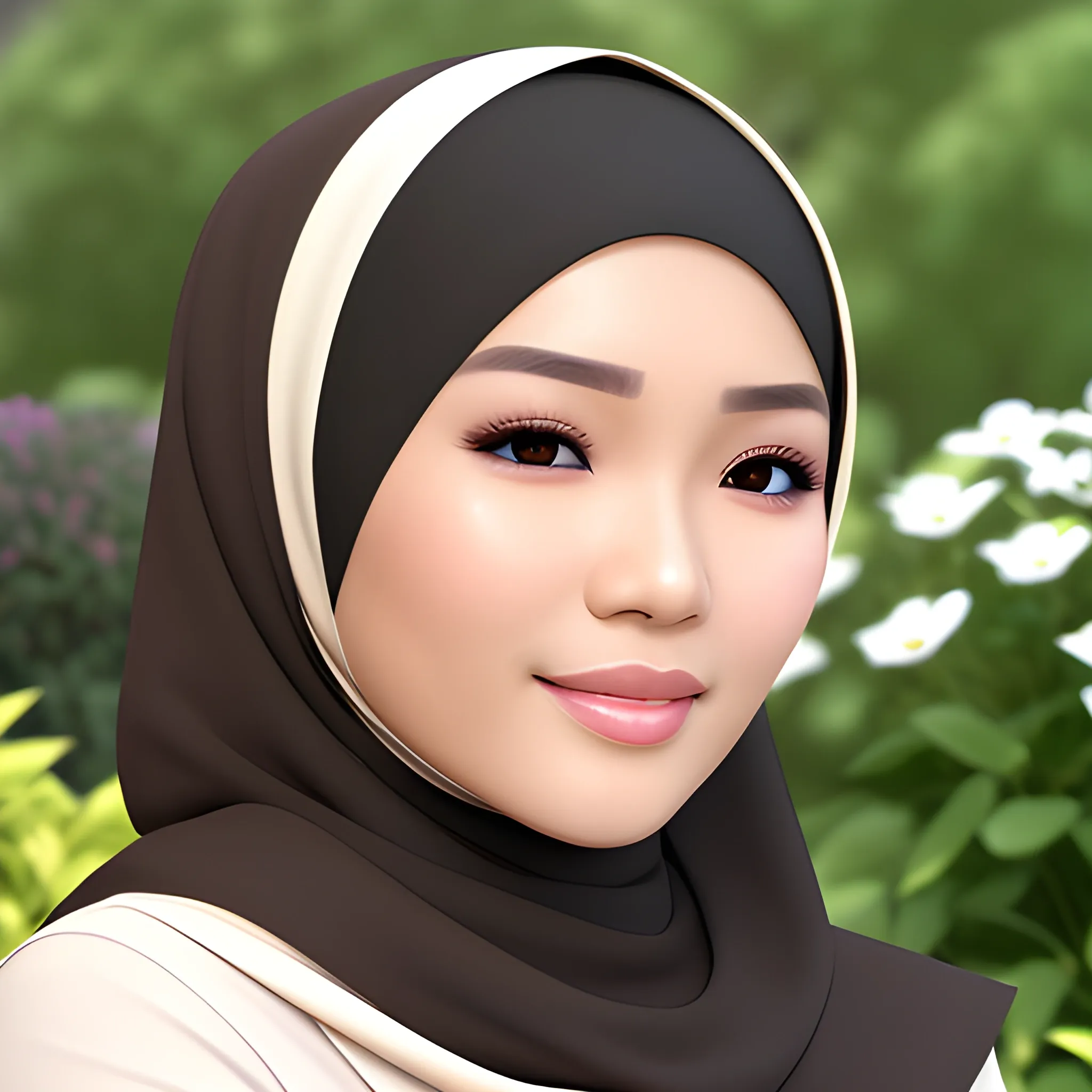 pretty women indonesian, elegant, happy, face detail, sharp nose, black eyes, wearing a brown hijab, white blouse, casual, in the garden, her eyes looking at camera, 4k, 3D