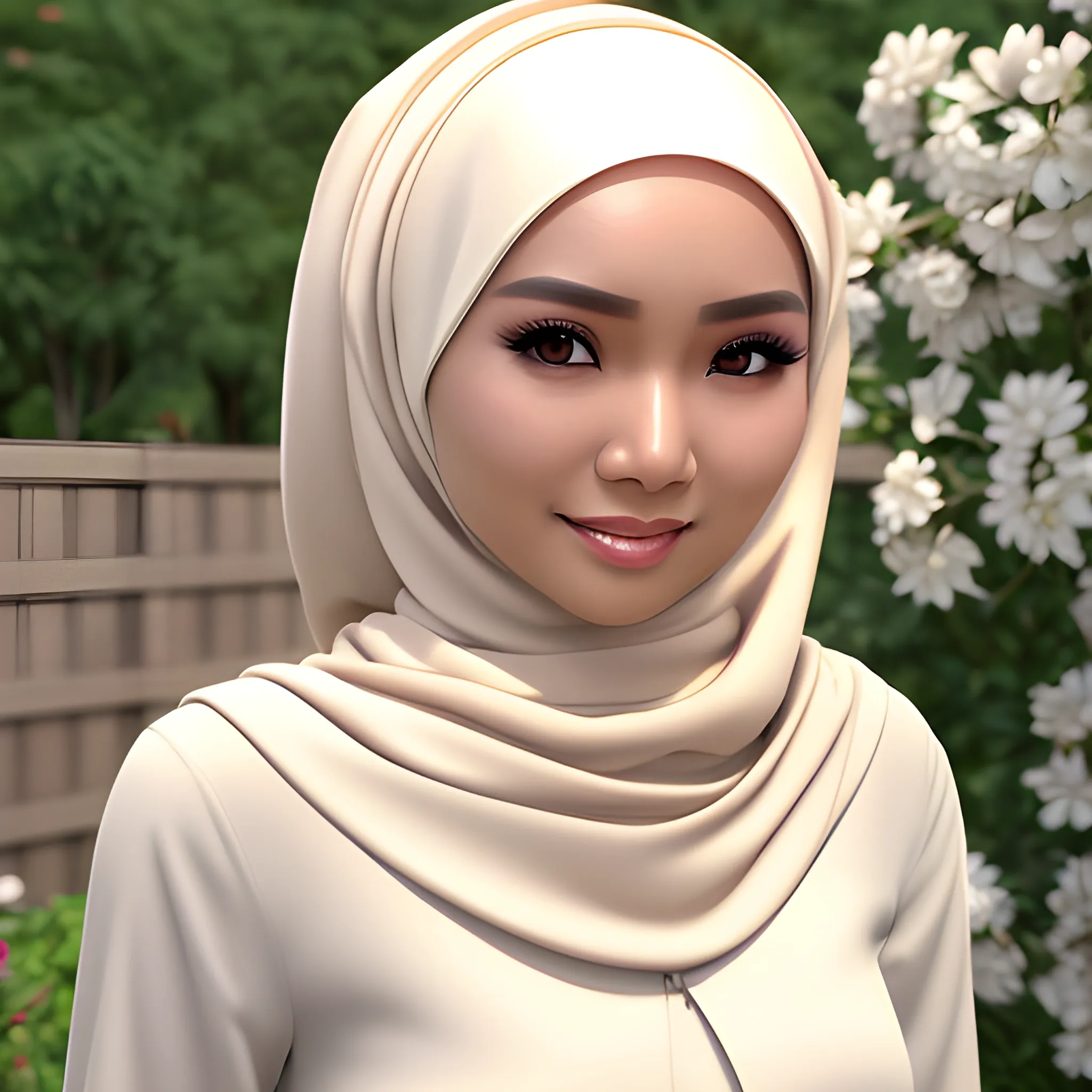 pretty women indonesian, elegant, happy, body detail, sharp nose, black eyes, wearing a brown hijab, white blouse, casual, cream long skirt, in the garden, her eyes looking at camera, 4k, 3D