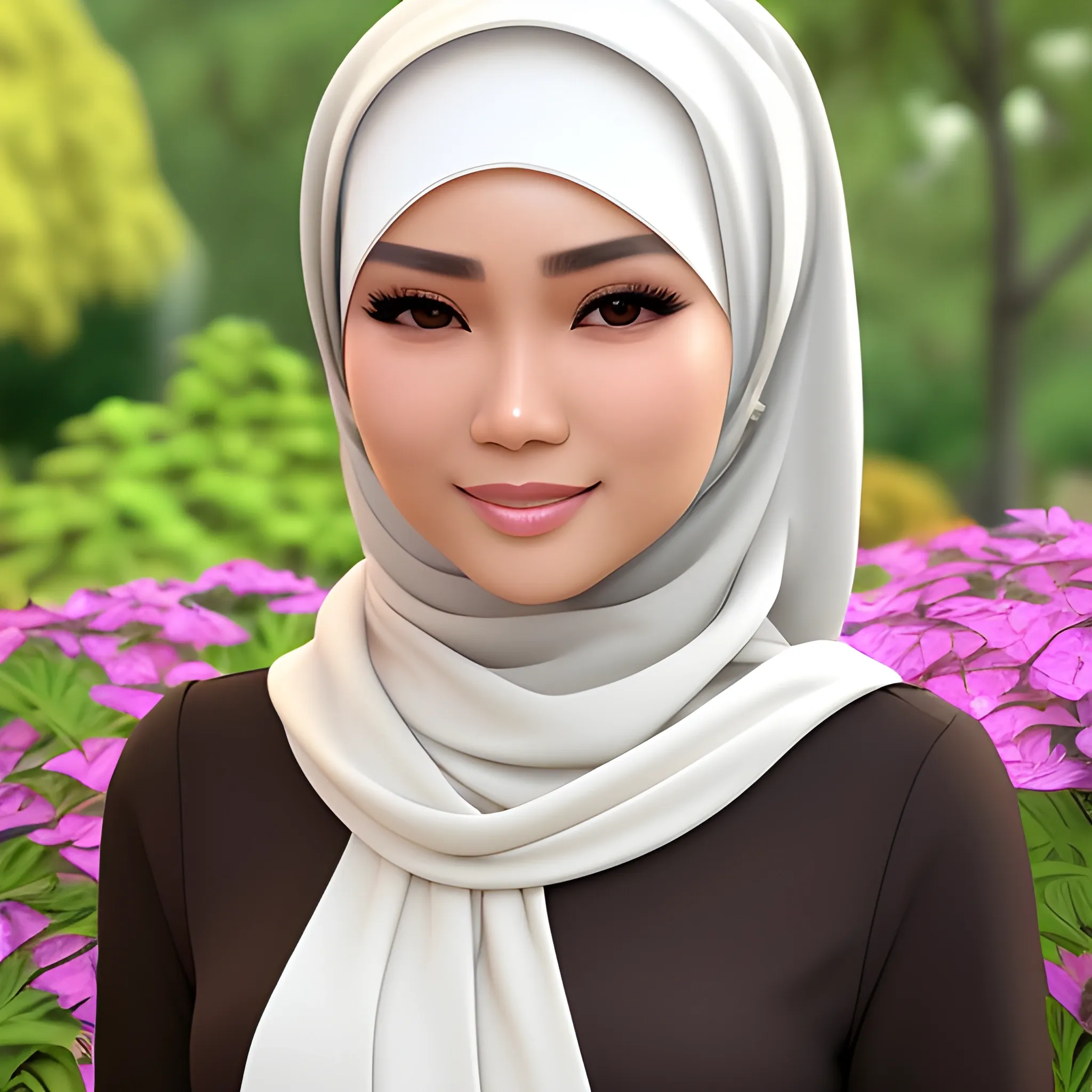 pretty women indonesian, sporty, elegant, happy, face detail, sharp nose, black eyes, wearing a brown hijab, white blouse, casual, in the garden, her eyes looking at camera, 4k, 3D