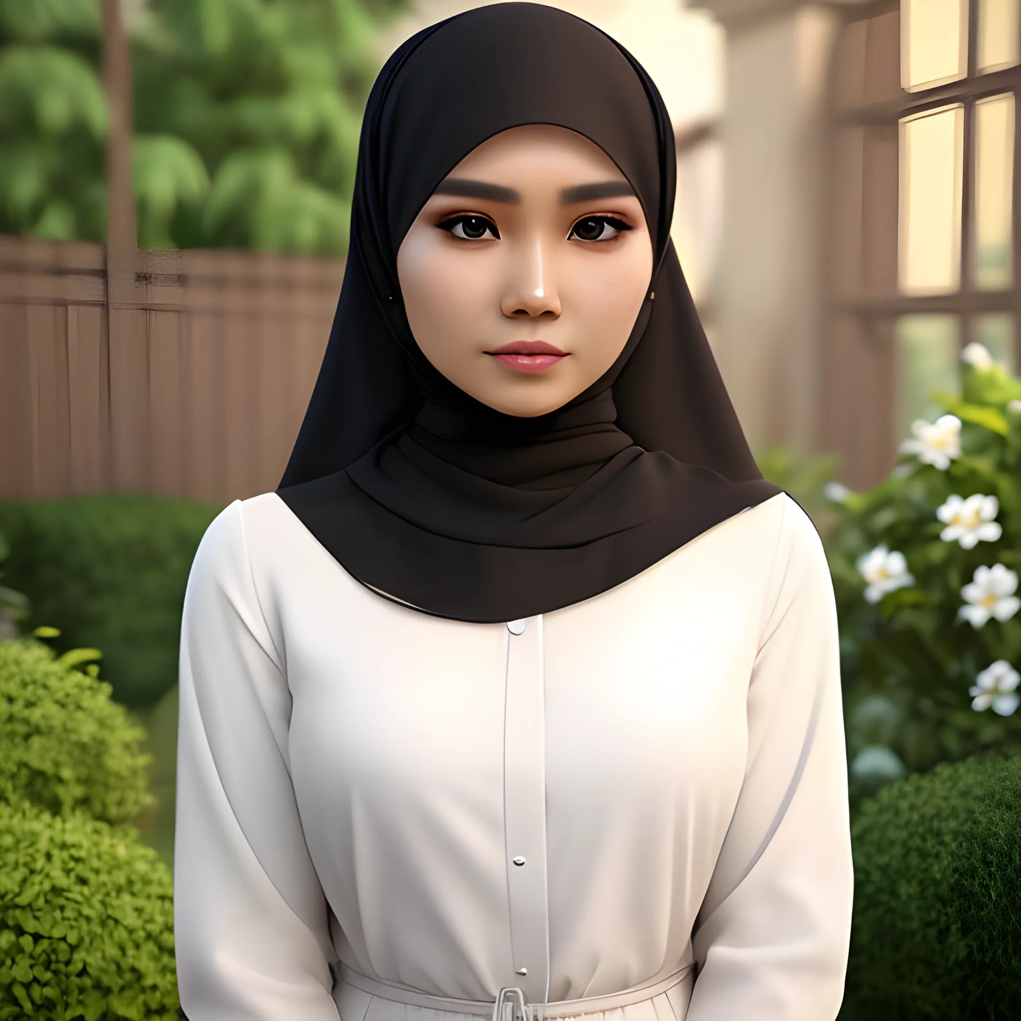 pretty women indonesian, elegant, moody, face detail, sharp nose, black eyes, wearing a brown hijab, white blouse, casual, in the garden, her eyes looking at camera, 4k, 3D