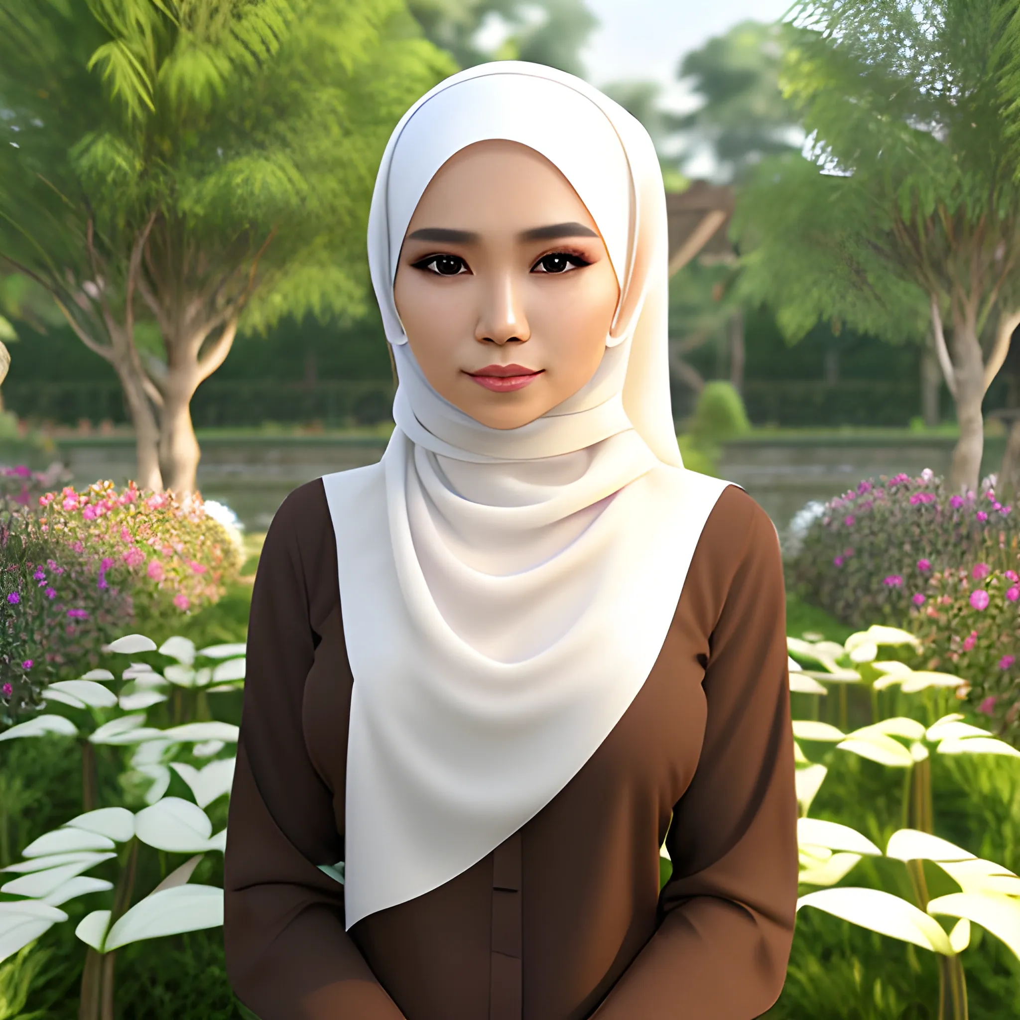 pretty women indonesian, elegant, wistful, face detail, sharp nose, black eyes by tear, wearing a brown hijab, white blouse, casual, in the garden, her eyes looking at camera, 4k, 3D
