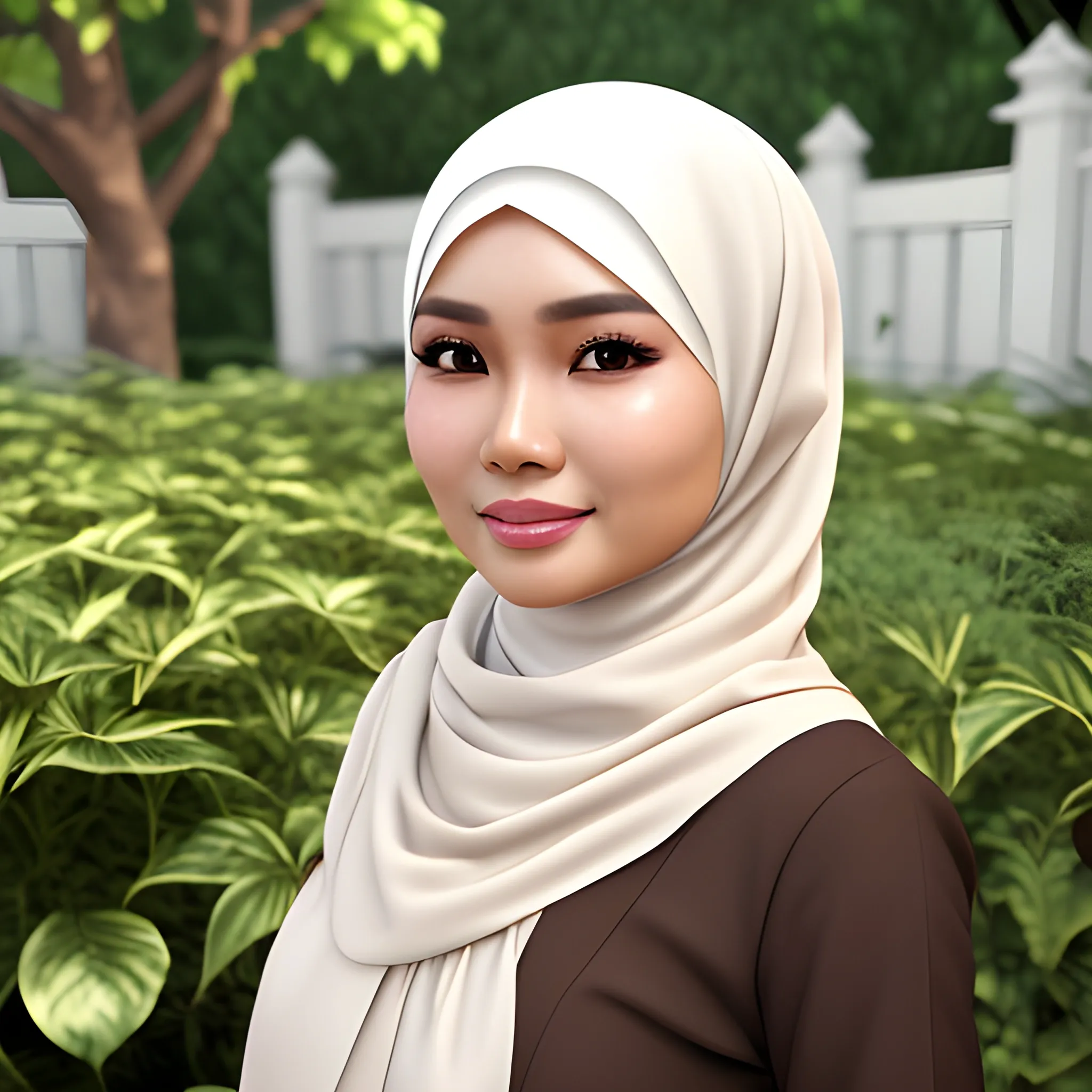 pretty women indonesian, elegant, happy, face detail, sharp nose, black eyes, face focus, from front, wearing a brown hijab, white blouse, casual, in the garden, her eyes looking at camera, 4k, 3D