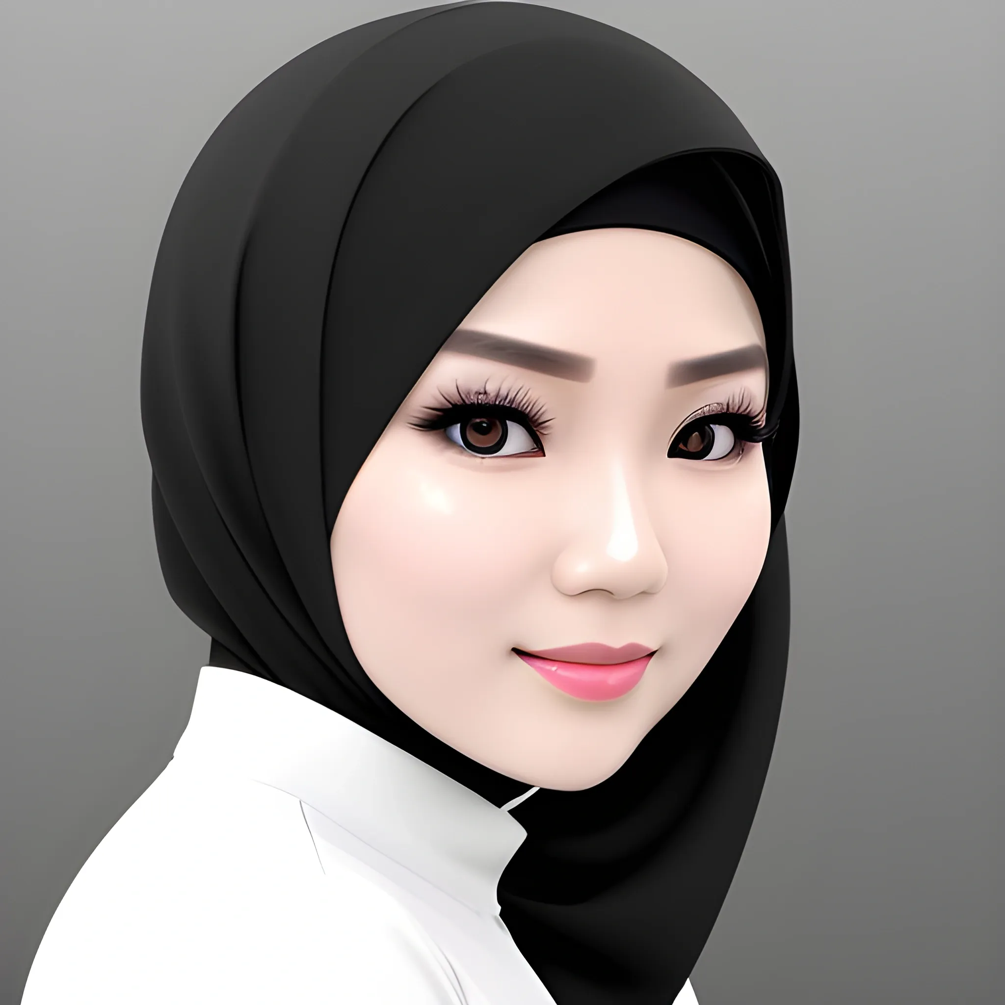 pretty women indonesian, elegant, happy, face detail, sharp nose, black eyes, wearing black hijab, white blouse casual, in the darkness, her eyes looking at camera, 4k, 3D