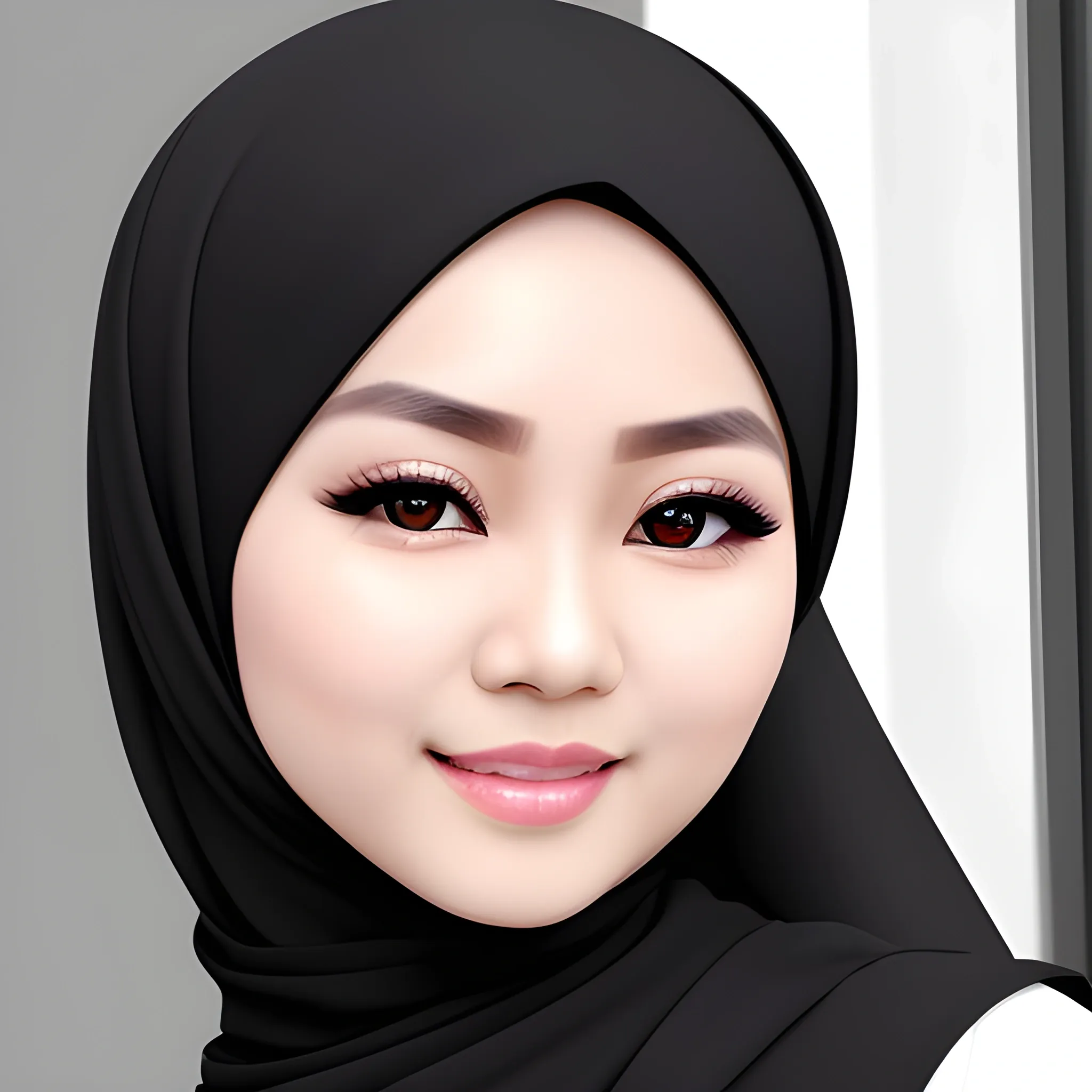 pretty women indonesian, elegant, happy, face detail, sharp nose, black eyes, wearing black hijab, white blouse casual, in the darkness, her eyes looking at camera, 4k