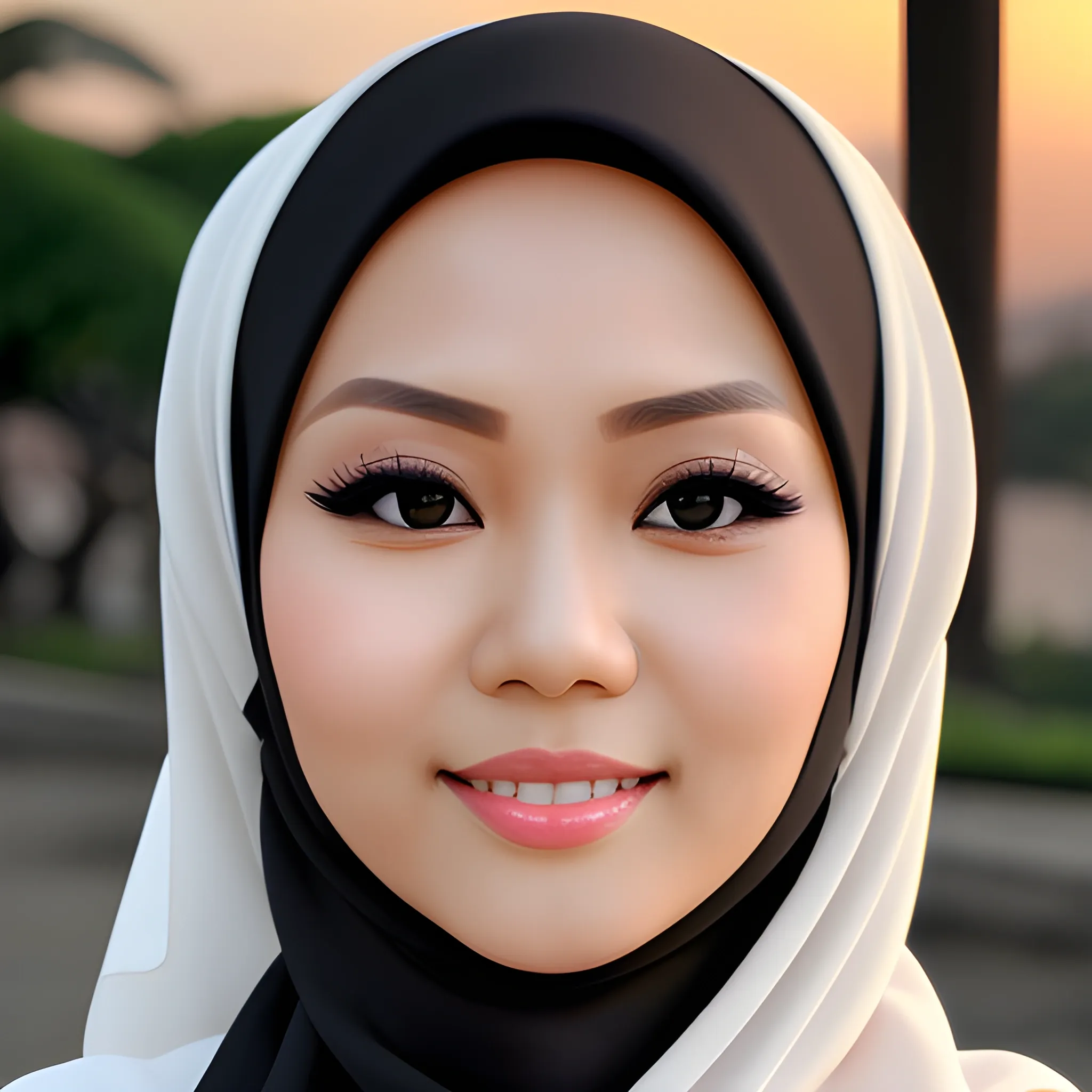 pretty women indonesian, elegant, happy, face detail, sharp nose, black eyes, wearing black hijab, white blouse casual, in the Sunrise, her eyes looking at camera, 4k