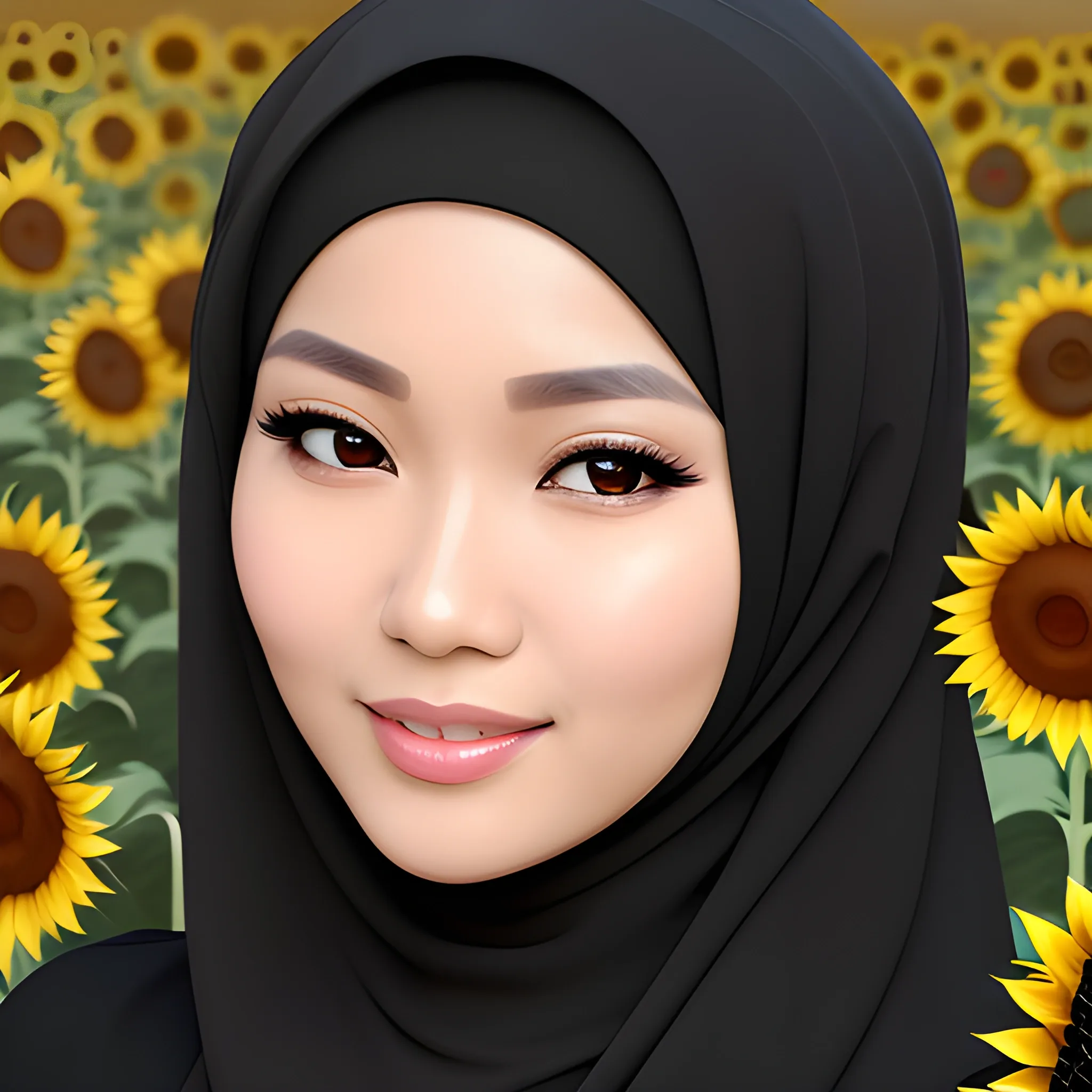 pretty women indonesian, elegant, happy, face detail, sharp nose, black eyes, wearing black hijab, white blouse casual, in the sunflowers, her eyes looking at camera, 4k