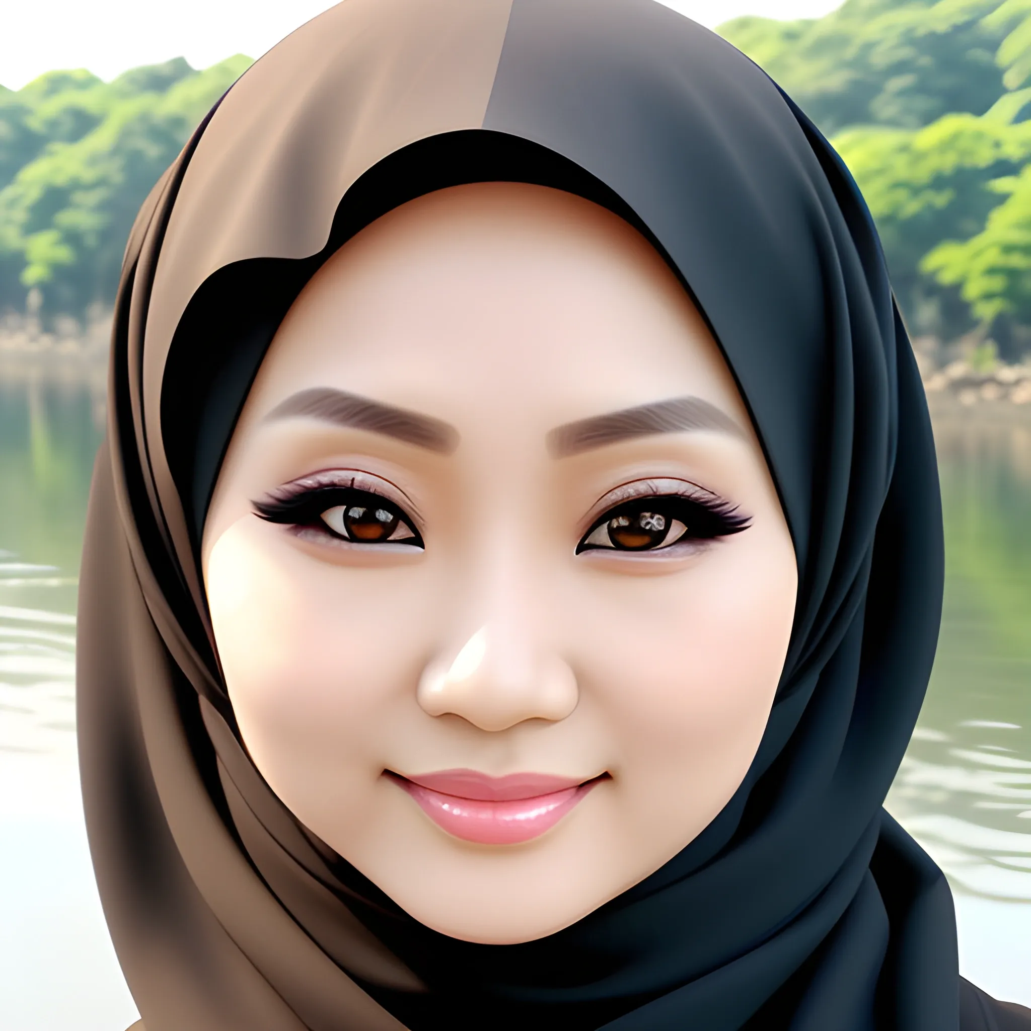 pretty women indonesian, elegant, happy, face detail, sharp nose, black eyes, wearing black hijab, white blouse casual, above the river, her eyes gazing at camera, 4k
