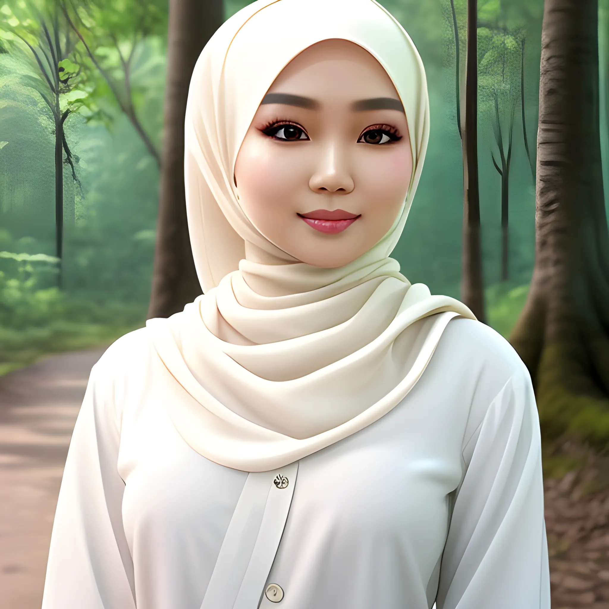 pretty women indonesian, elegant, happy, face detail, sharp nose, black eyes, wearing cream hijab, white blouse casual, beside the forest, her eyes Turned at camera, 4k