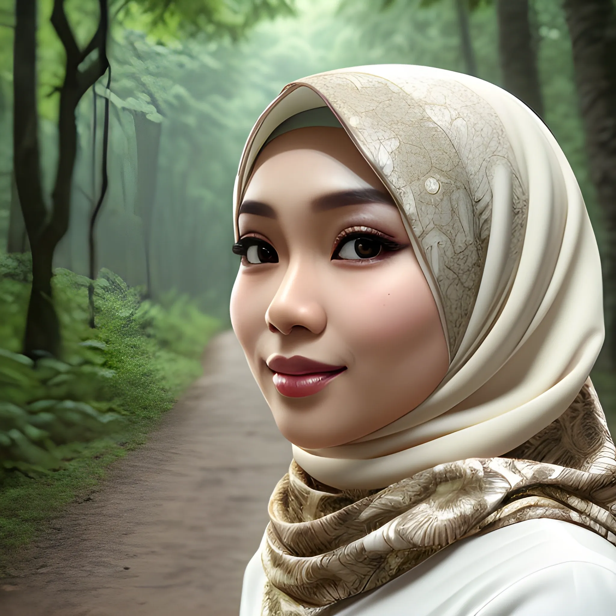 pretty women indonesian, elegant, happy, face detail, sharp nose, black eyes, wearing cream hijab, cream blouse casual, beside the forest, her head Turned at camera, 4k