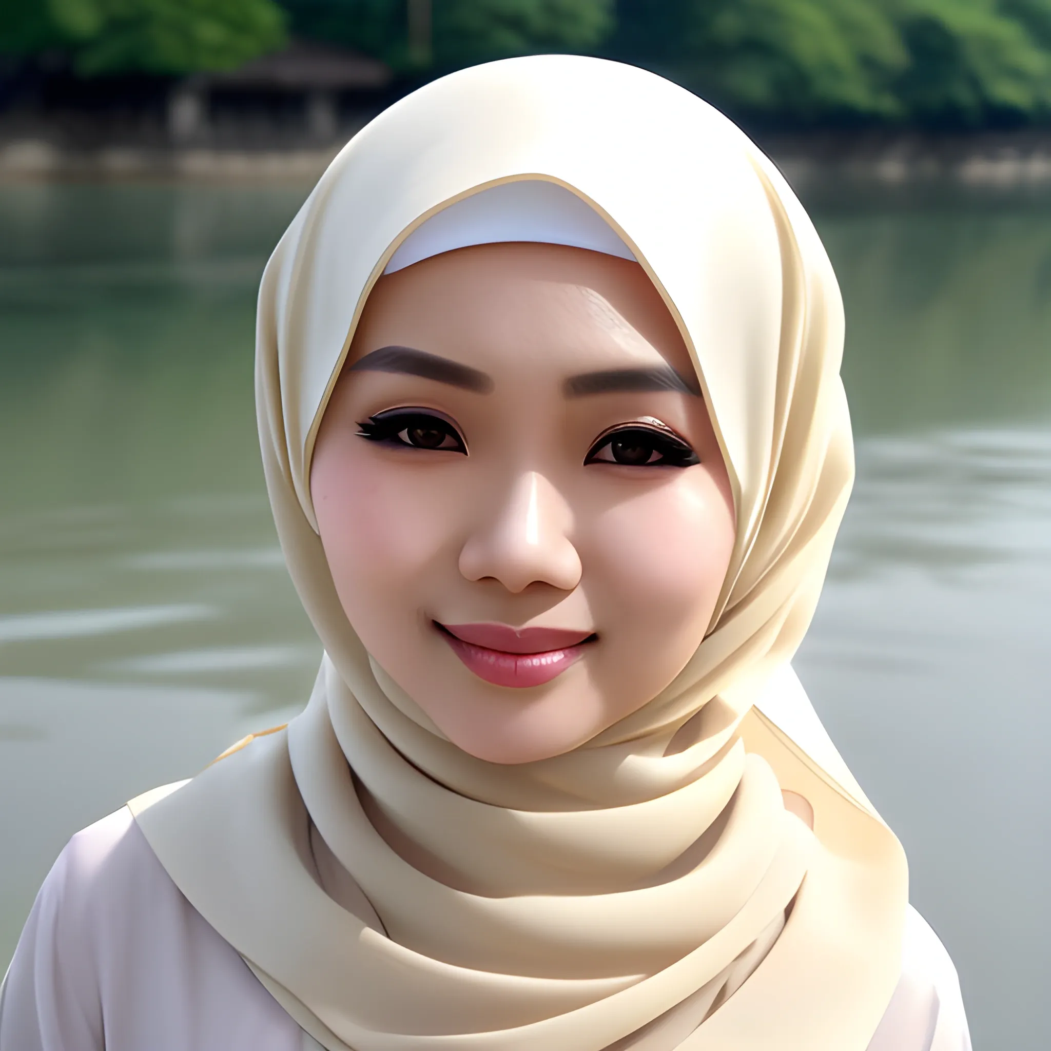 pretty women indonesian, elegant, happy, face detail, sharp nose, black eyes, wearing cream hijab, cream blouse casual, beside the river, her head Turned at camera, 4k