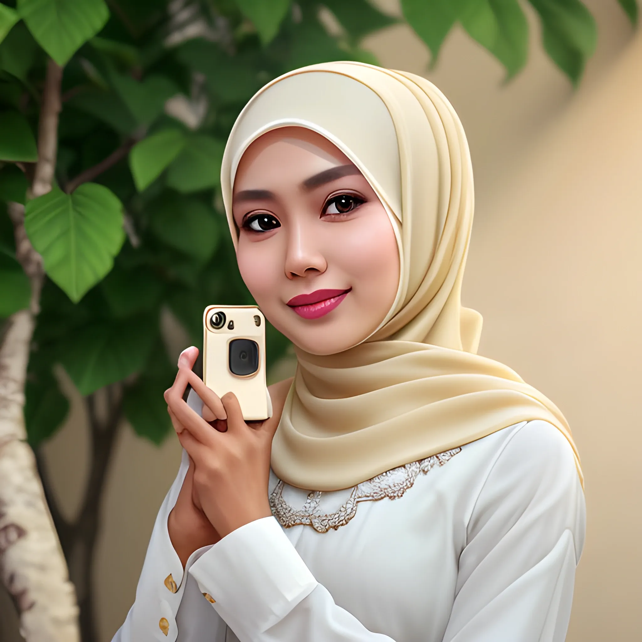pretty women indonesian, elegant, happy, face detail, sharp nose, black eyes, wearing cream hijab, cream blouse casual, beside the jasmines, her hand was holding camera, her head Turned at camera, 4k