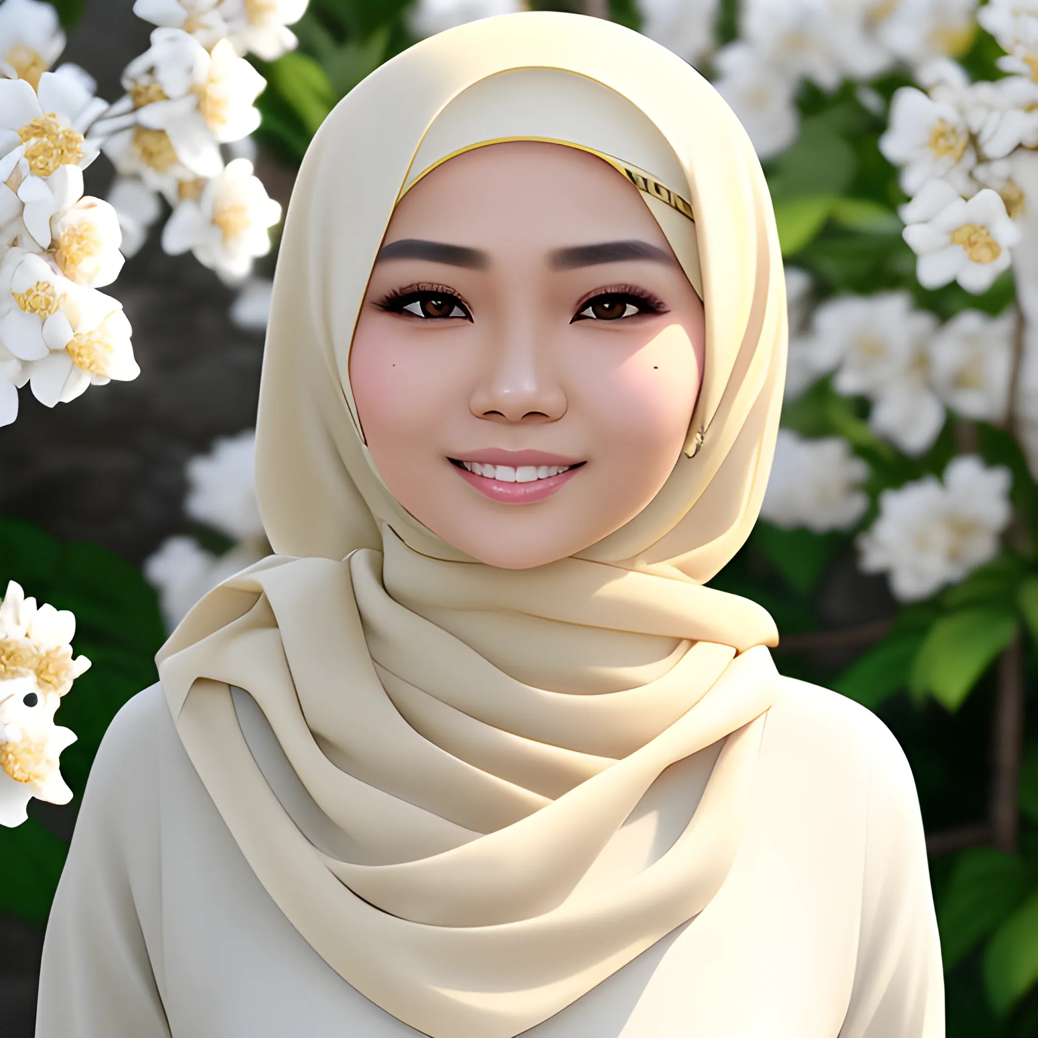 pretty women indonesian, elegant, very happy, face detail, sharp nose, black eyes, wearing cream hijab, cream blouse casual, beside the jasmine flowers, her head Turned at camera, 4k