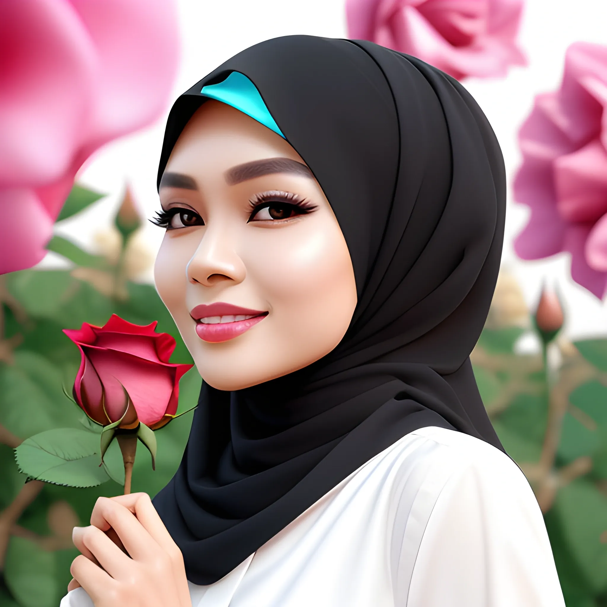 pretty women indonesian, elegant, very happy, face detail, sharp nose, black eyes, wearing black hijab, cream shirt casual, beside the rose flowers, her head Turned at camera, 4k