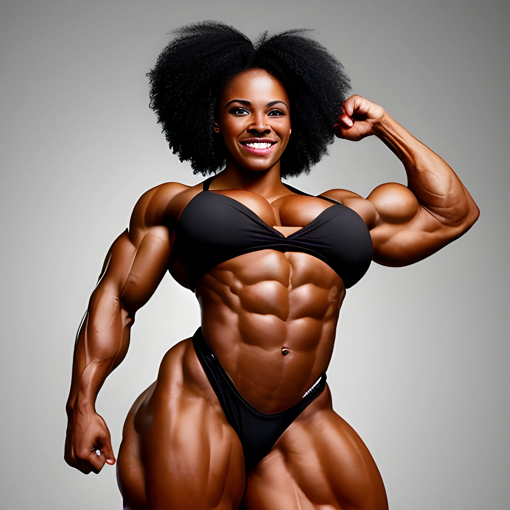 a triumphant heavyweight beautiful black black female bodybuilder with wide-set eyes with very narrow hips and waist, muscular, smiling, expressive eyes, ten-pack abs, perfect in every way, chesty musculature with big shoulders and big biceps.


