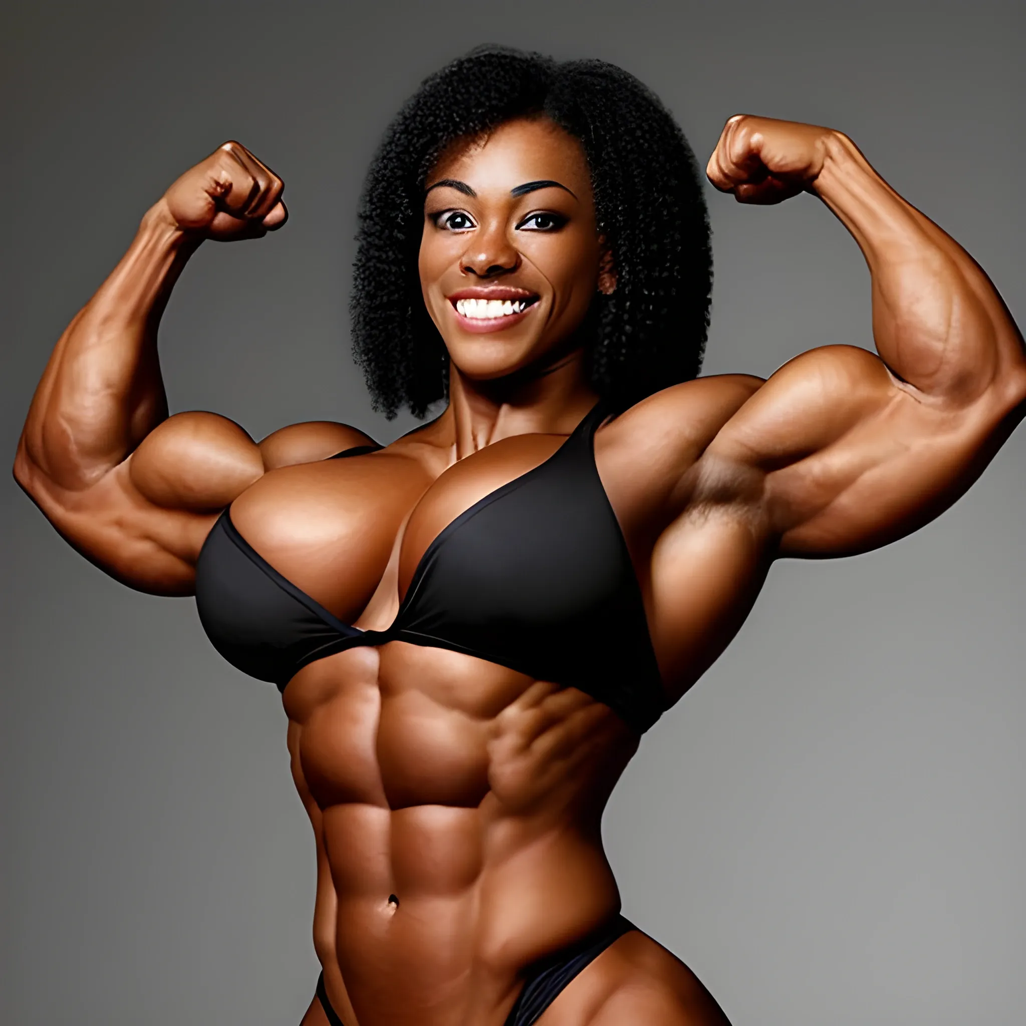 a triumphant heavyweight beautiful black black female bodybuilder with wide-set eyes with very narrow hips and waist, extremely muscular, extremely wide shoulder-to-shoulder distance over 240 cm, smiling, expressive eyes, ten-pack abs, perfect in every way, chesty musculature with big shoulders and big biceps.

